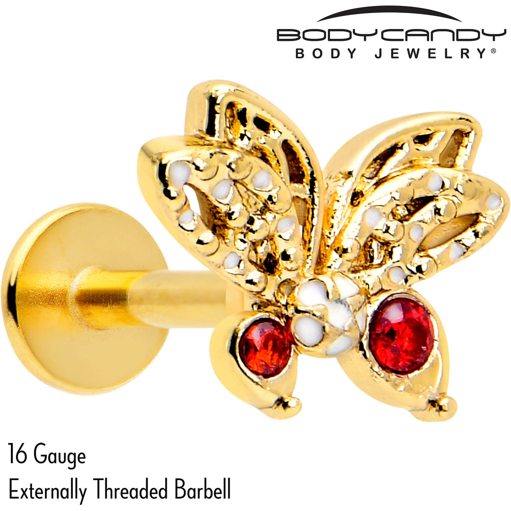 BodyCandy 16G Red CZ Gem Gold Tone Drama Butterfly Flat Back Earring — detail close-up