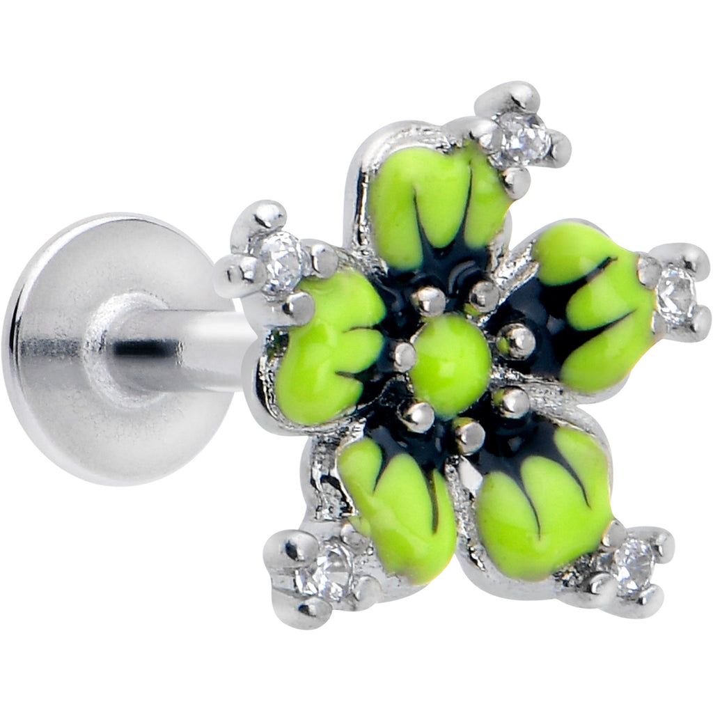 BodyCandy 16G Clear CZ Gem Go Green Flower Flat Back Earring — main product shot