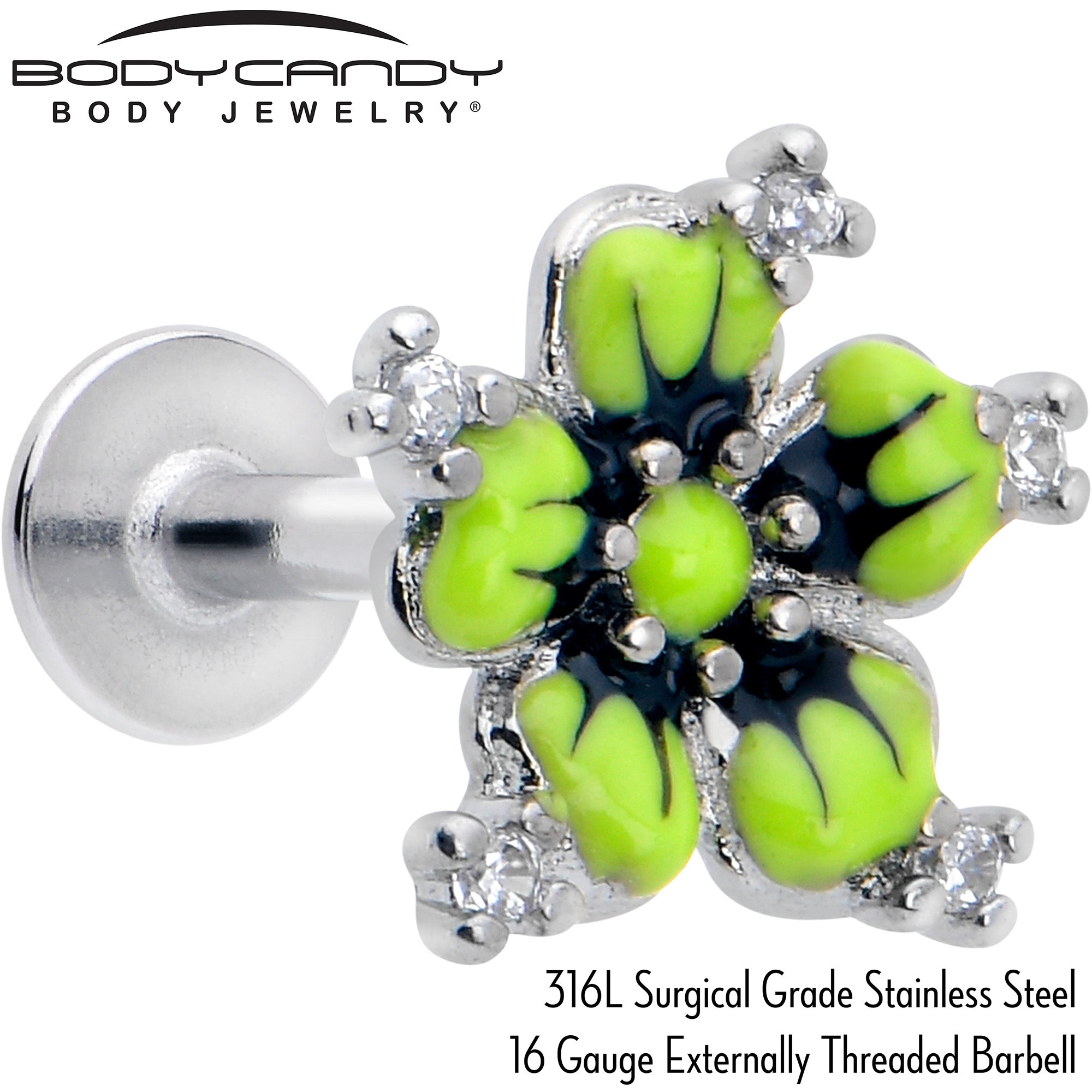 BodyCandy 16G Clear CZ Gem Go Green Flower Flat Back Earring — detail close-up