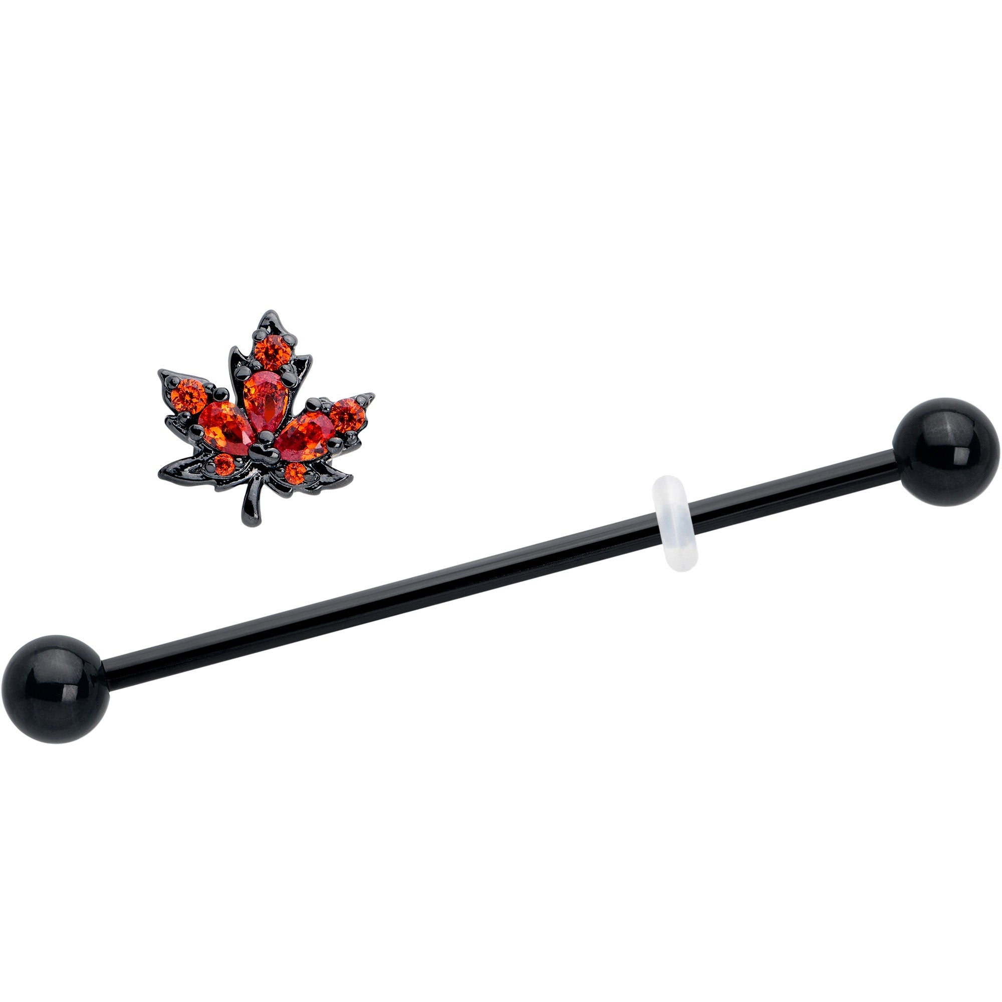 BodyCandy 14G Orange CZ Gem Black Autumn Leaf Industrial Barbell 38mm — detail close-up