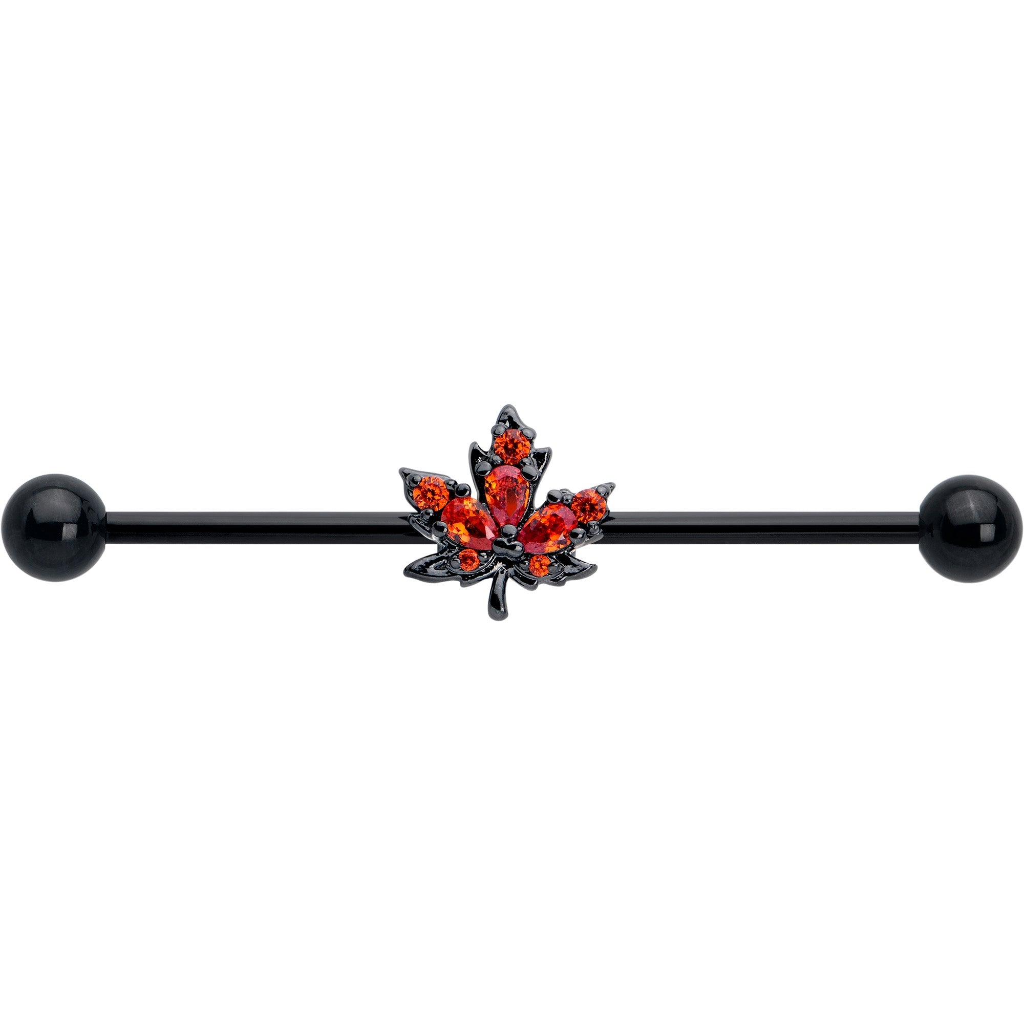 BodyCandy 14G Orange CZ Gem Black Autumn Leaf Industrial Barbell 38mm — lifestyle context