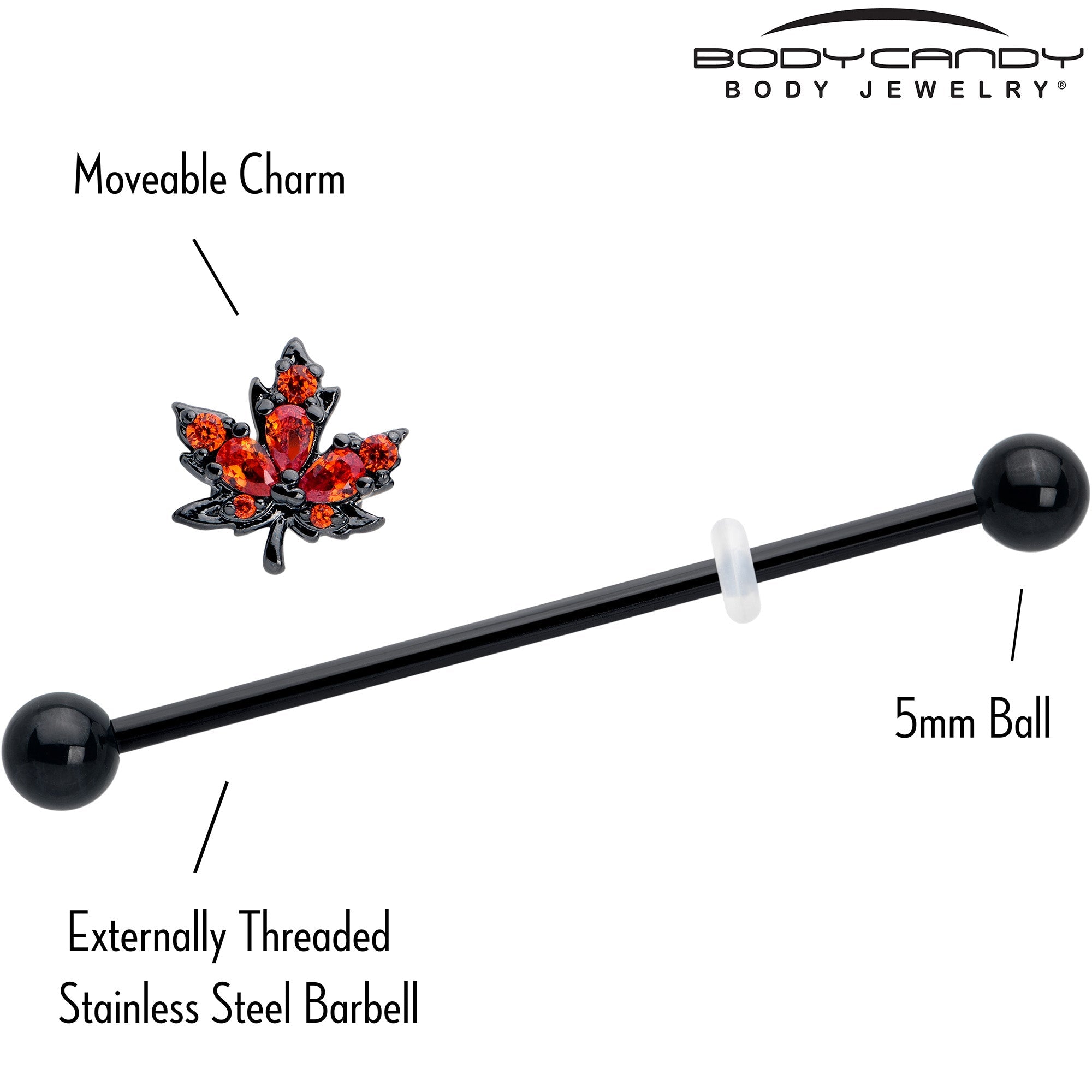 BodyCandy 14G Orange CZ Gem Black Autumn Leaf Industrial Barbell 38mm — side view