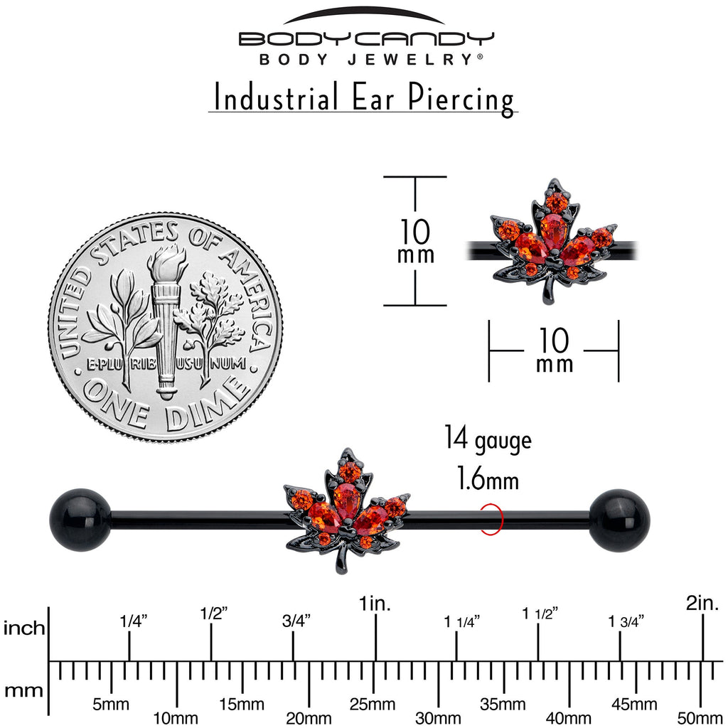 BodyCandy 14G Orange CZ Gem Black Autumn Leaf Industrial Barbell 38mm — back view