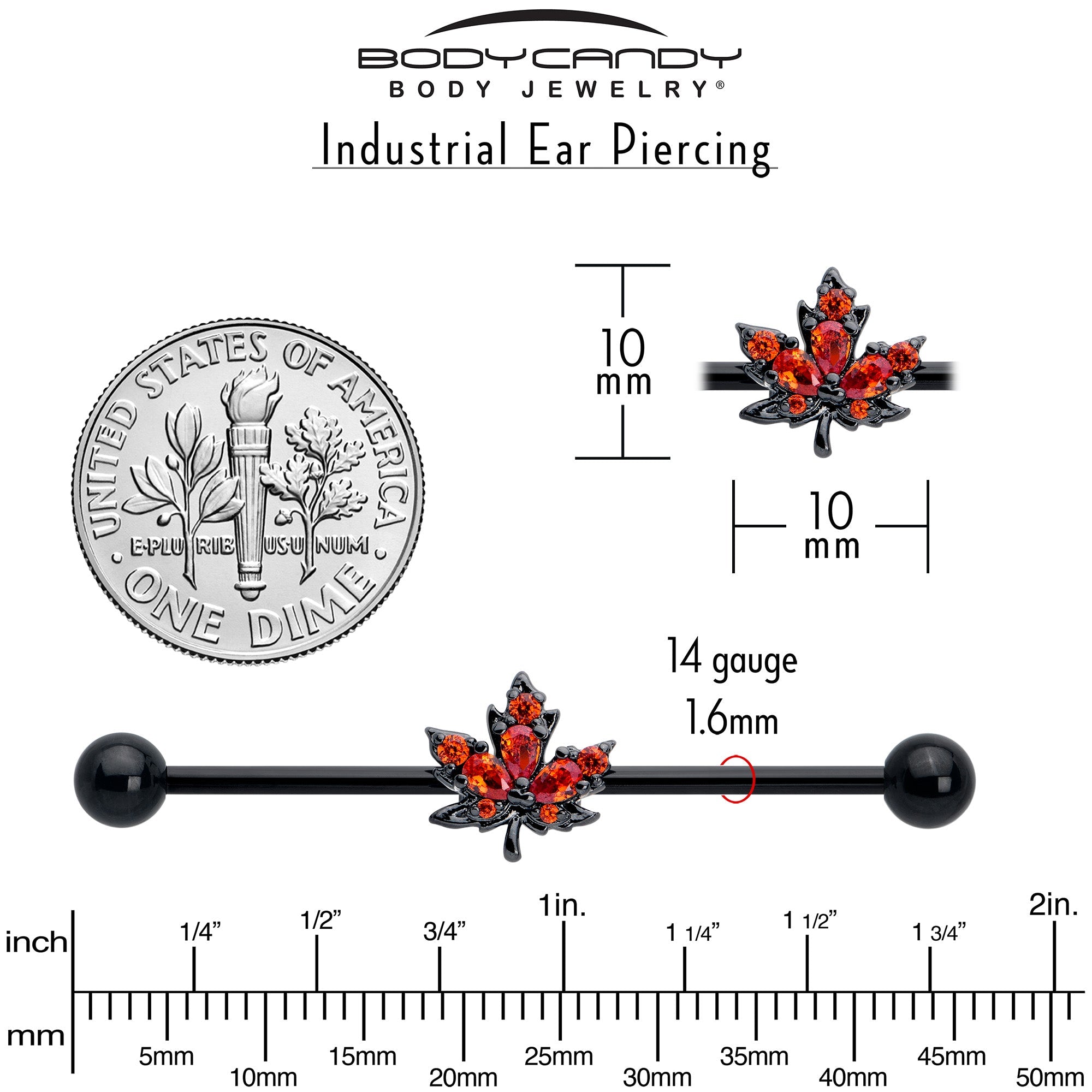 BodyCandy 14G Orange CZ Gem Black Autumn Leaf Industrial Barbell 38mm — back view