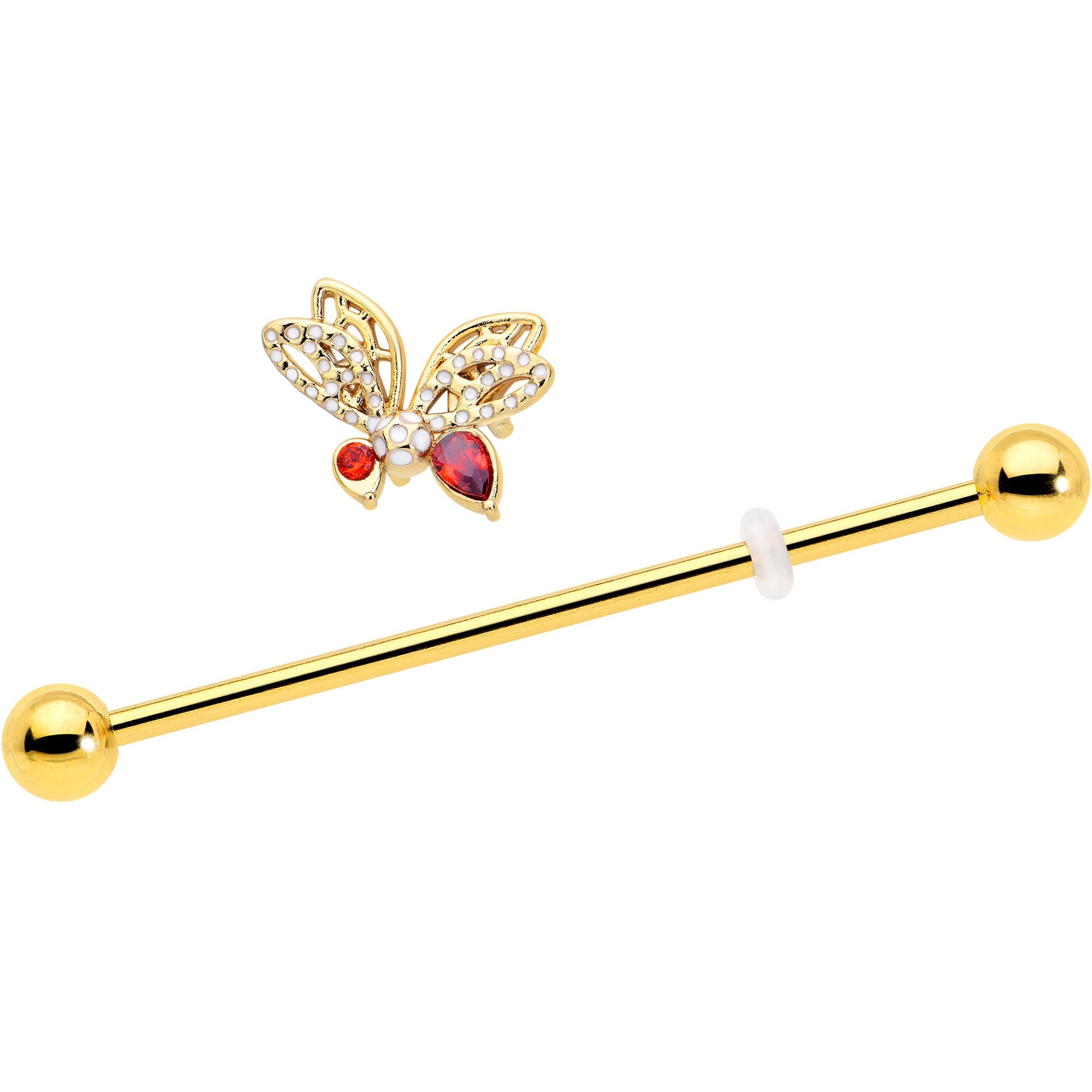 BodyCandy 14G Red CZ Gem Gold Tone Drama Butterfly Industrial Barbell 38mm — detail close-up