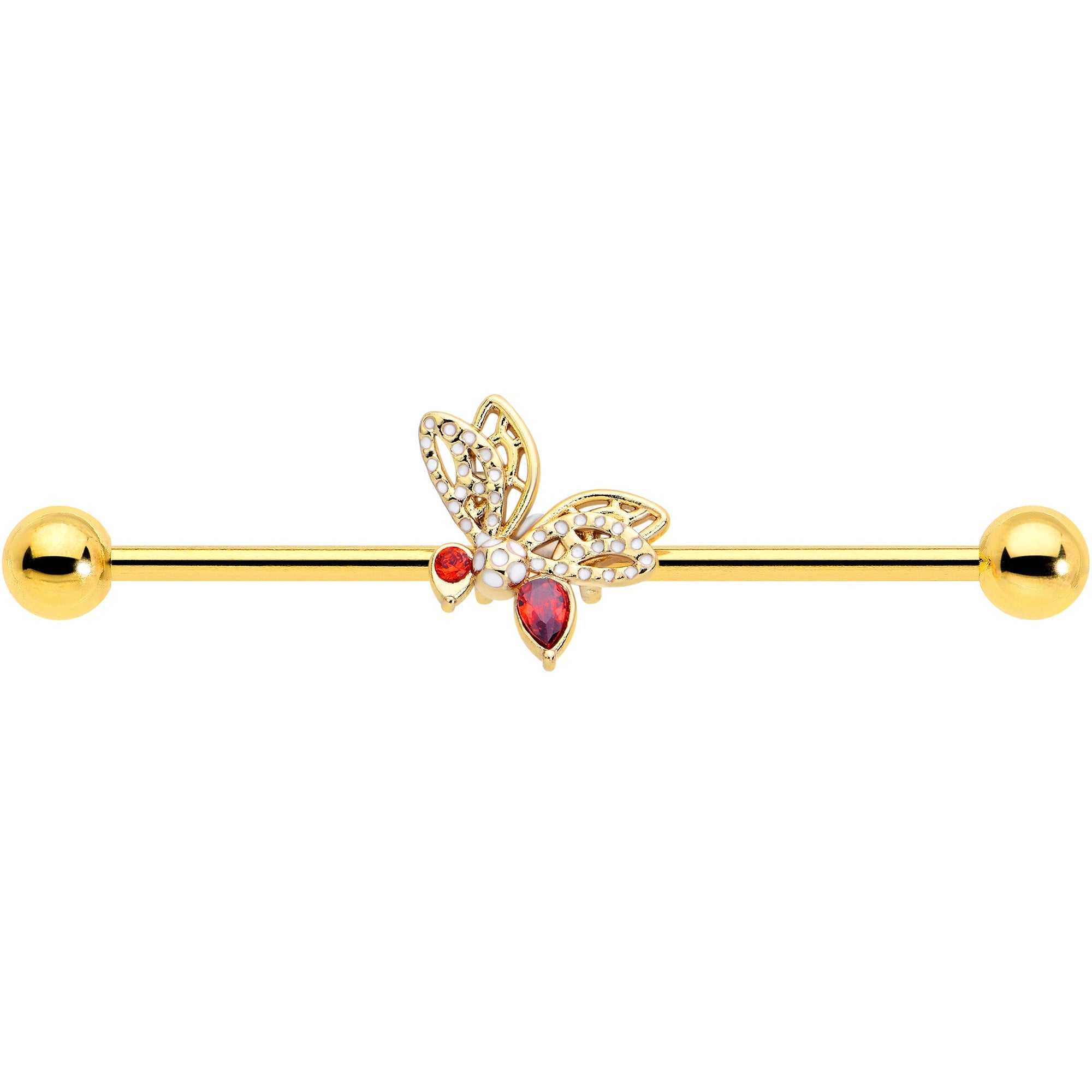 BodyCandy 14G Red CZ Gem Gold Tone Drama Butterfly Industrial Barbell 38mm — lifestyle context