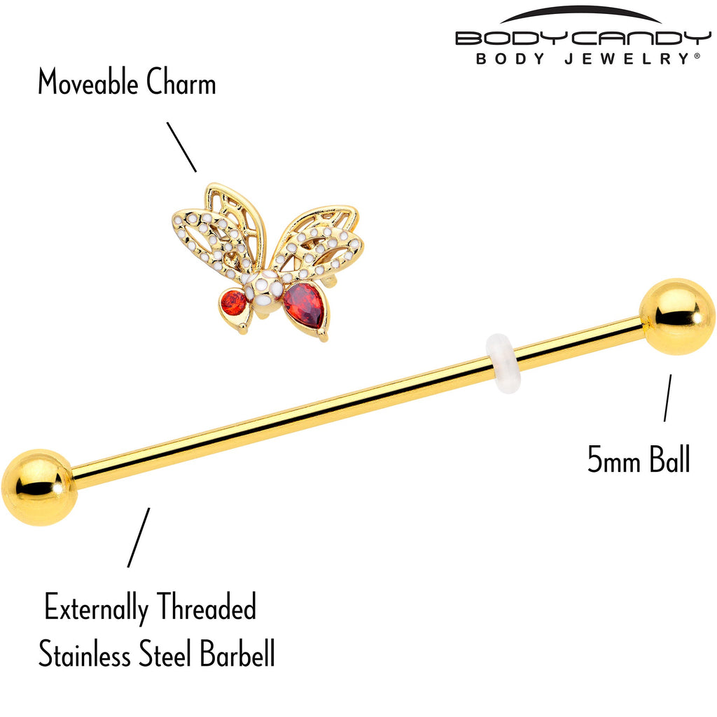 BodyCandy 14G Red CZ Gem Gold Tone Drama Butterfly Industrial Barbell 38mm — side view
