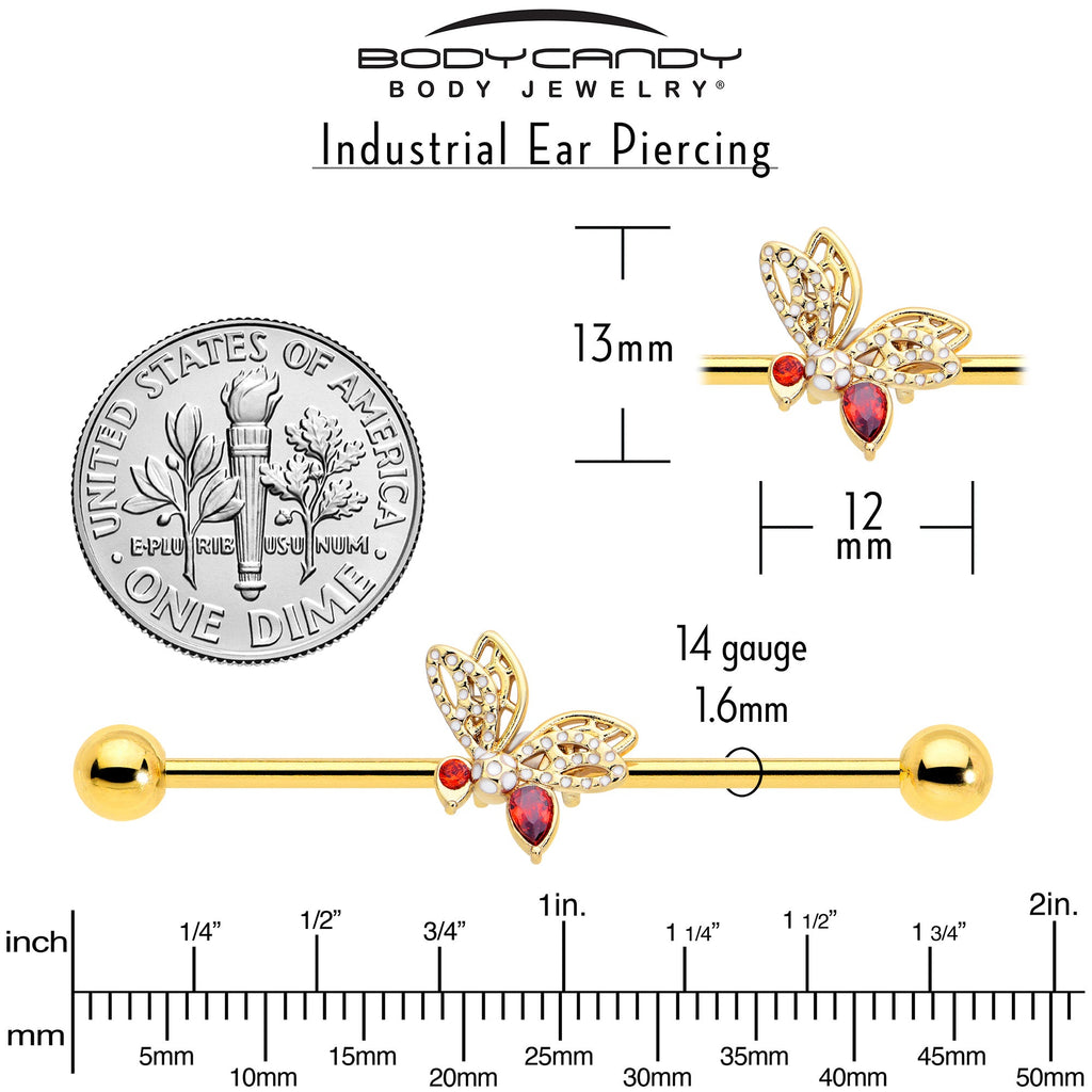 BodyCandy 14G Red CZ Gem Gold Tone Drama Butterfly Industrial Barbell 38mm — back view