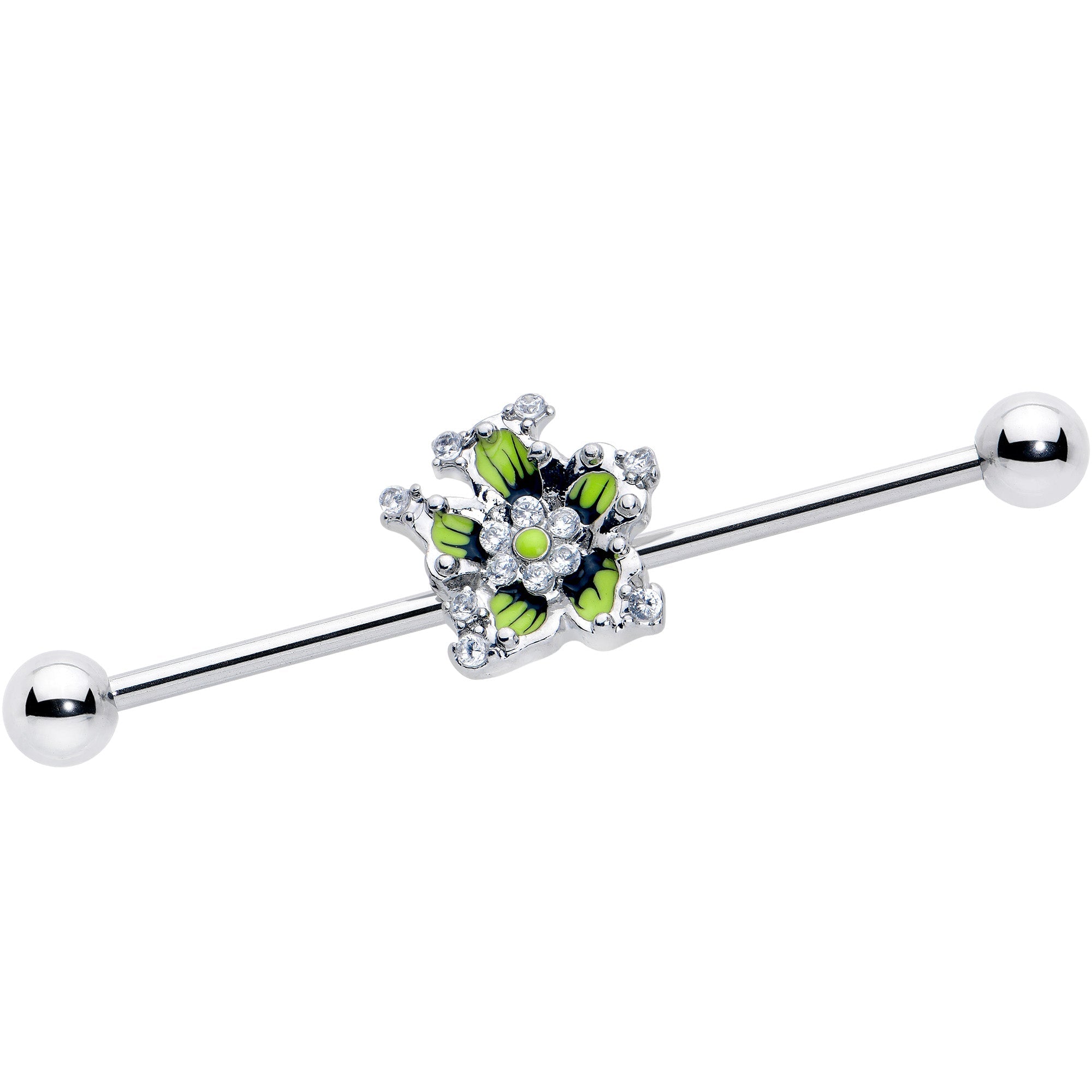 BodyCandy 14G Clear CZ Gem Go Green Flower Industrial Barbell 38mm — main product shot