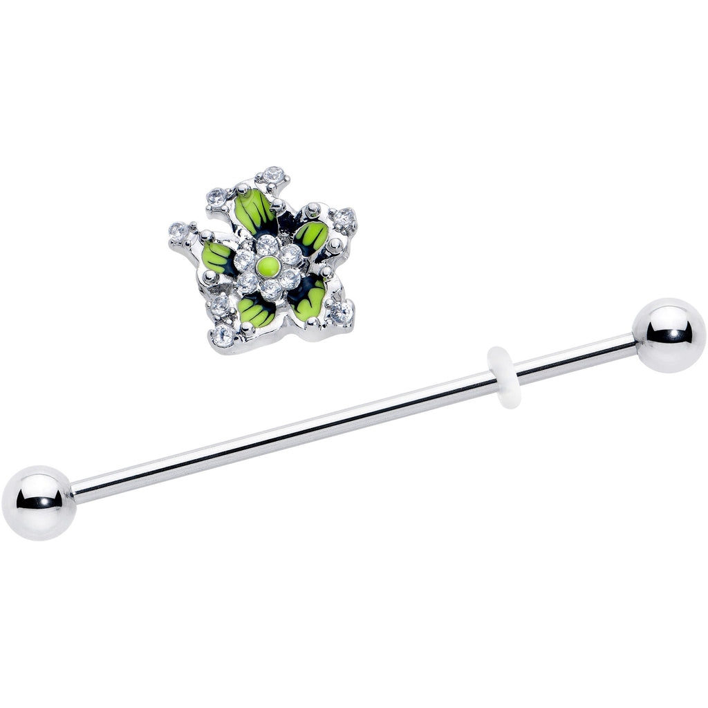 BodyCandy 14G Clear CZ Gem Go Green Flower Industrial Barbell 38mm — detail close-up
