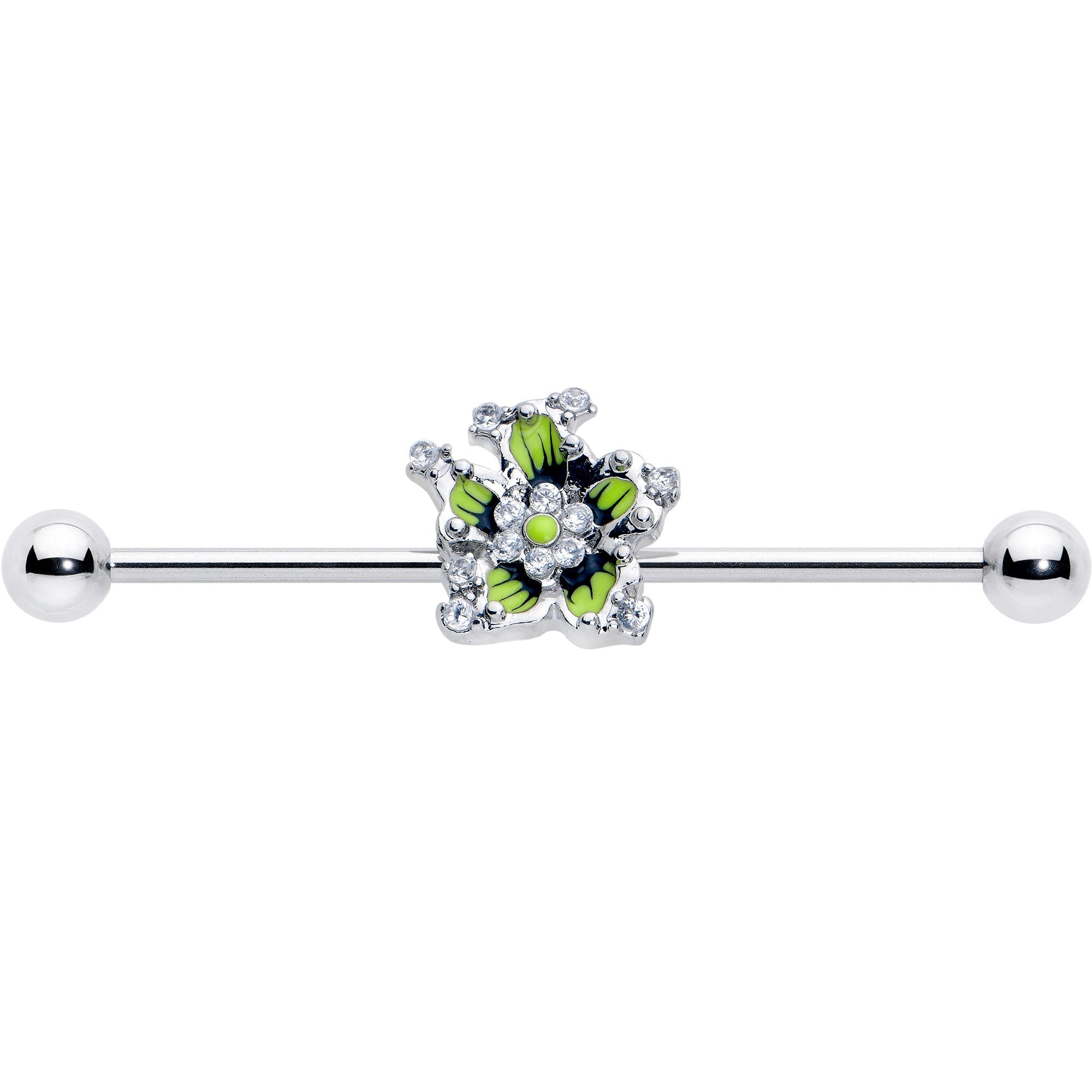BodyCandy 14G Clear CZ Gem Go Green Flower Industrial Barbell 38mm — lifestyle context