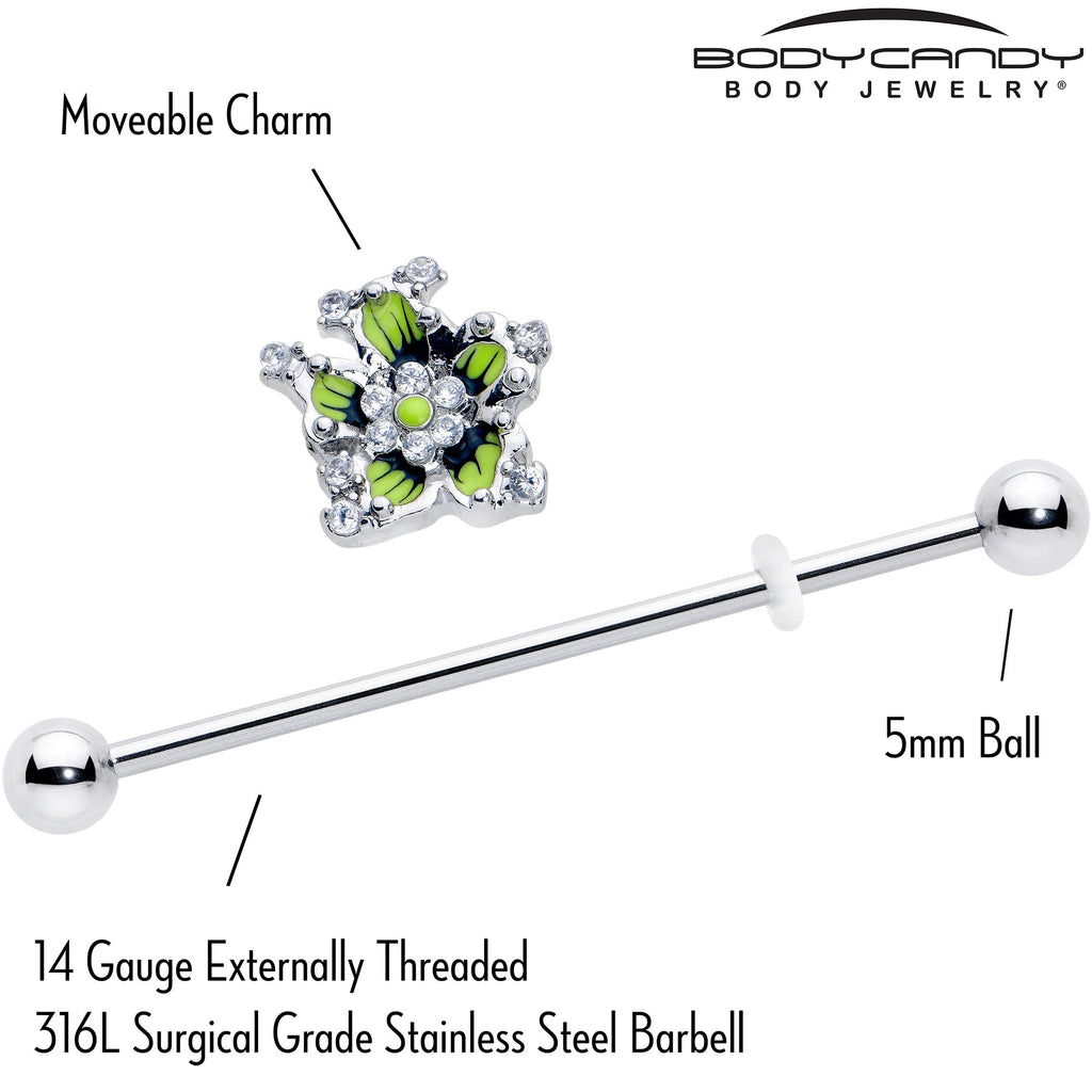 BodyCandy 14G Clear CZ Gem Go Green Flower Industrial Barbell 38mm — side view