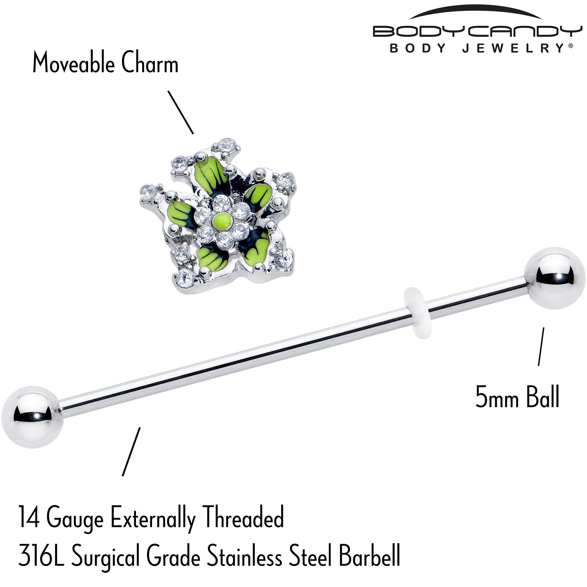BodyCandy 14G Clear CZ Gem Go Green Flower Industrial Barbell 38mm — side view