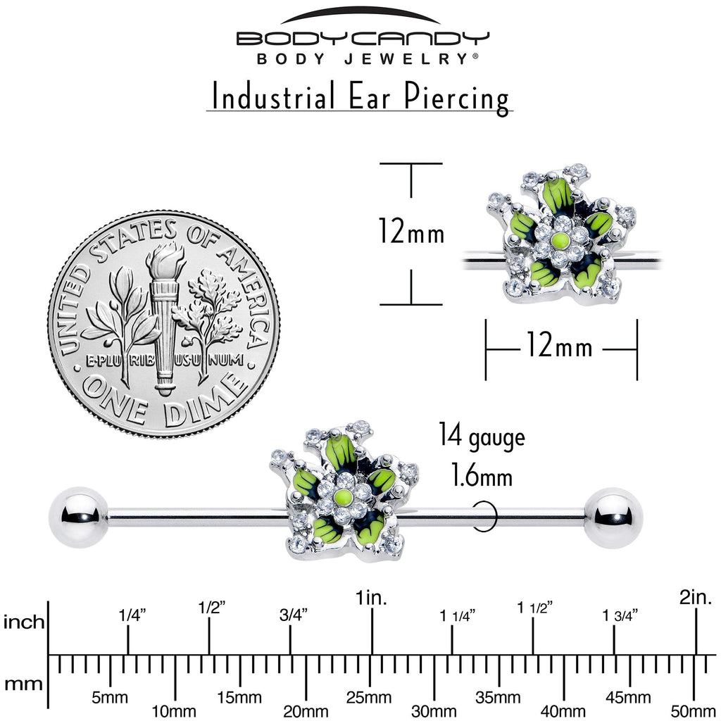 BodyCandy 14G Clear CZ Gem Go Green Flower Industrial Barbell 38mm — back view