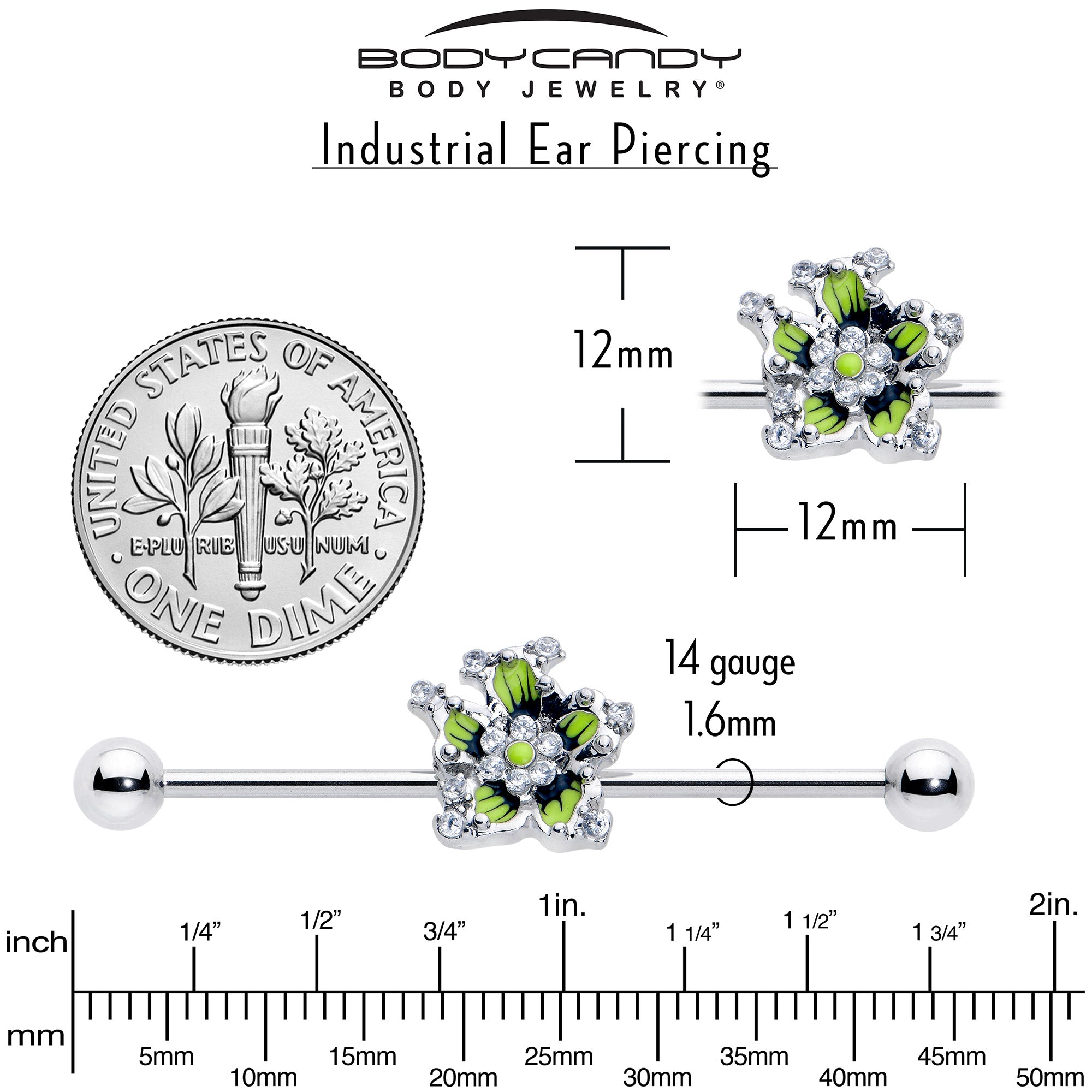 BodyCandy 14G Clear CZ Gem Go Green Flower Industrial Barbell 38mm — back view
