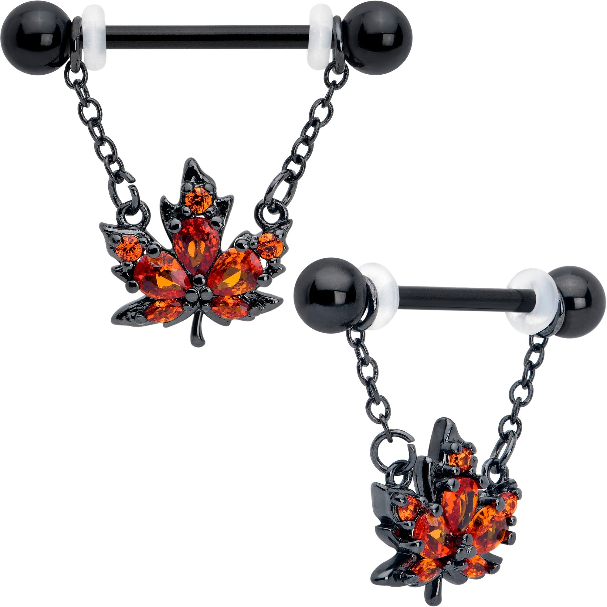 BodyCandy 14G 9/16 Orange CZ Gem Black Autumn Leaf Dangle Nipple Ring Set — main product shot