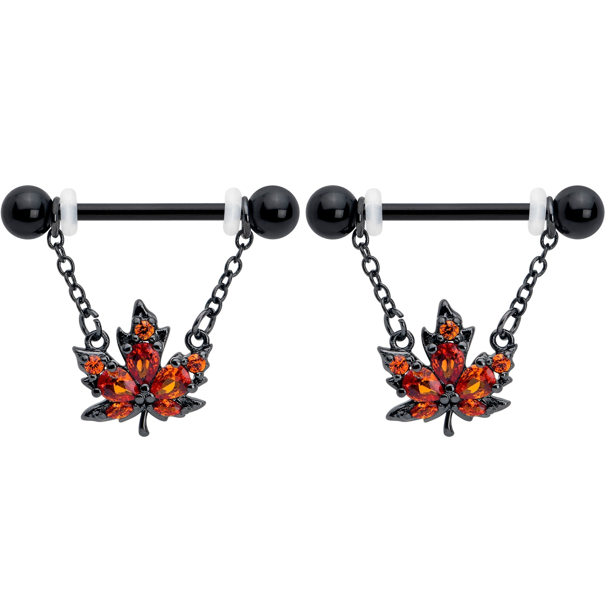 BodyCandy 14G 9/16 Orange CZ Gem Black Autumn Leaf Dangle Nipple Ring Set — detail close-up