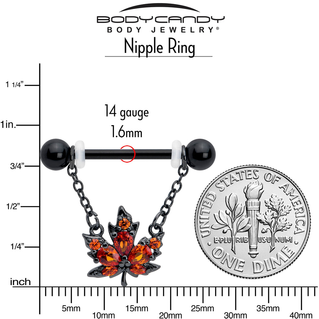 BodyCandy 14G 9/16 Orange CZ Gem Black Autumn Leaf Dangle Nipple Ring Set — side view