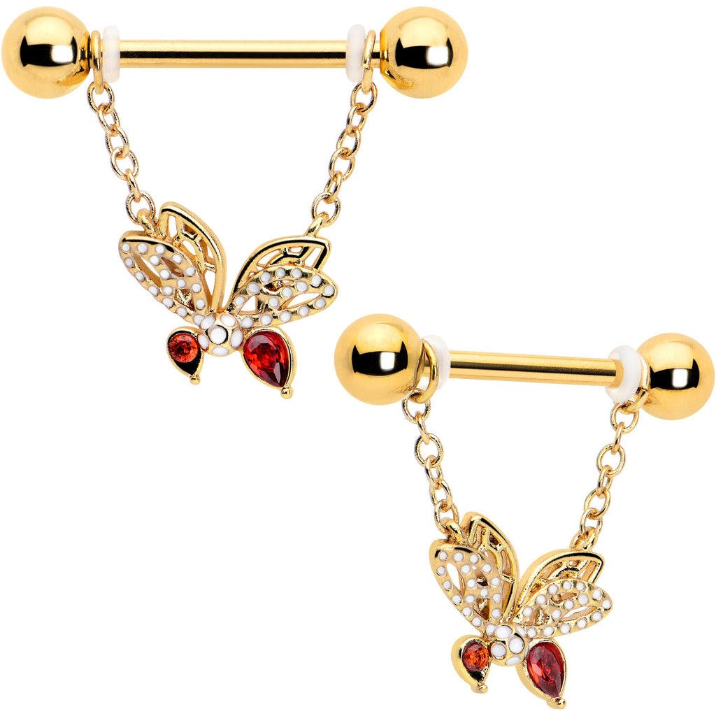 BodyCandy 14G 9/16 Red CZ Gem Gold Tone Drama Butterfly Dangle Nipple Ring Set — main product shot