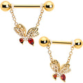BodyCandy 14G 9/16 Red CZ Gem Gold Tone Drama Butterfly Dangle Nipple Ring Set — main product shot