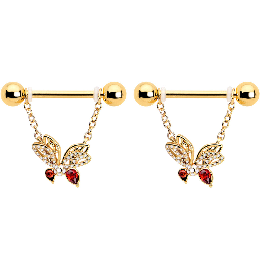BodyCandy 14G 9/16 Red CZ Gem Gold Tone Drama Butterfly Dangle Nipple Ring Set — detail close-up