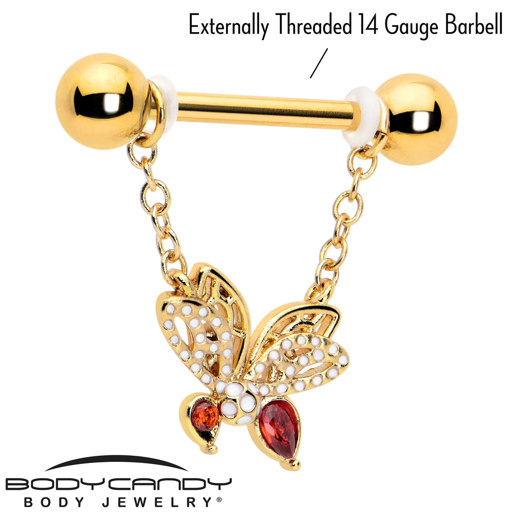 BodyCandy 14G 9/16 Red CZ Gem Gold Tone Drama Butterfly Dangle Nipple Ring Set — lifestyle context