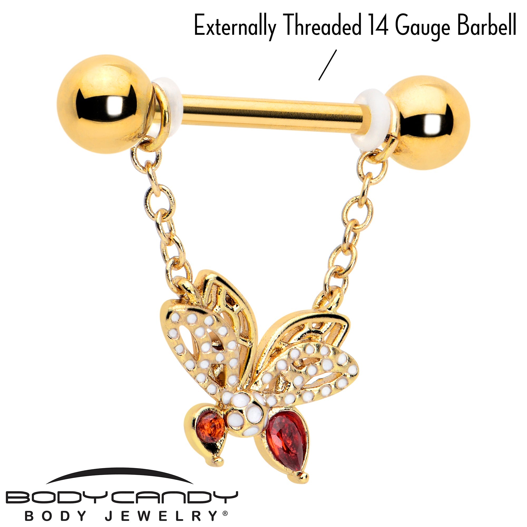 BodyCandy 14G 9/16 Red CZ Gem Gold Tone Drama Butterfly Dangle Nipple Ring Set — lifestyle context