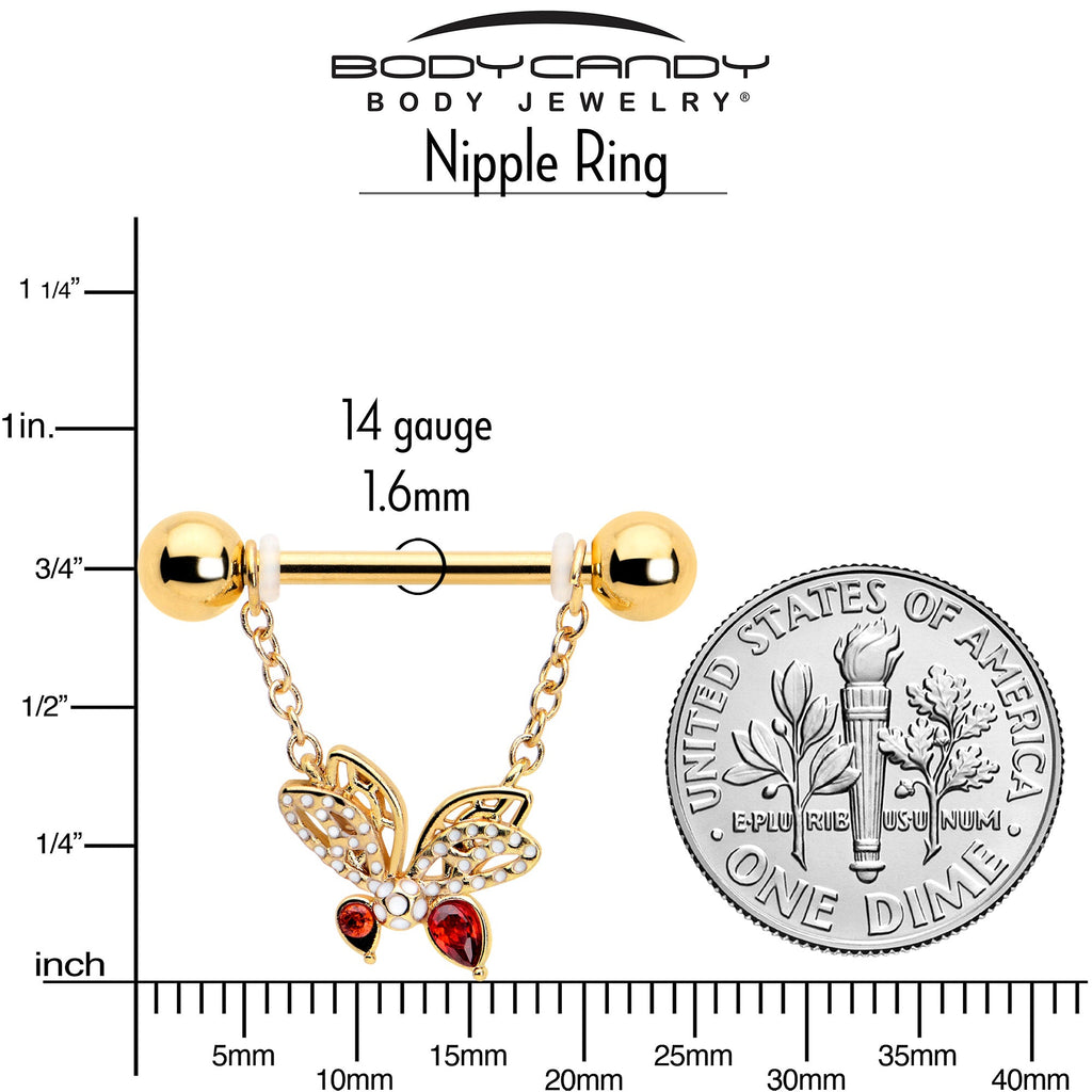 BodyCandy 14G 9/16 Red CZ Gem Gold Tone Drama Butterfly Dangle Nipple Ring Set — side view