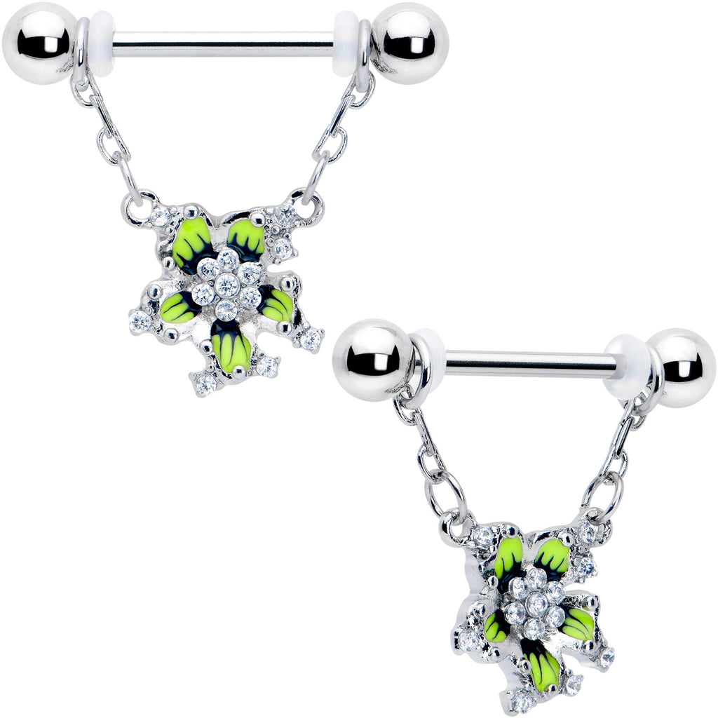 BodyCandy 14G 9/16 Clear CZ Gem Go Green Flower Chain Dangle Nipple Ring Set — main product shot