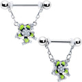 BodyCandy 14G 9/16 Clear CZ Gem Go Green Flower Chain Dangle Nipple Ring Set — main product shot