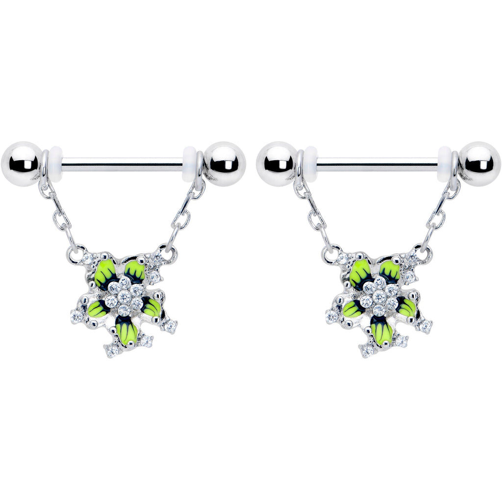 BodyCandy 14G 9/16 Clear CZ Gem Go Green Flower Chain Dangle Nipple Ring Set — detail close-up