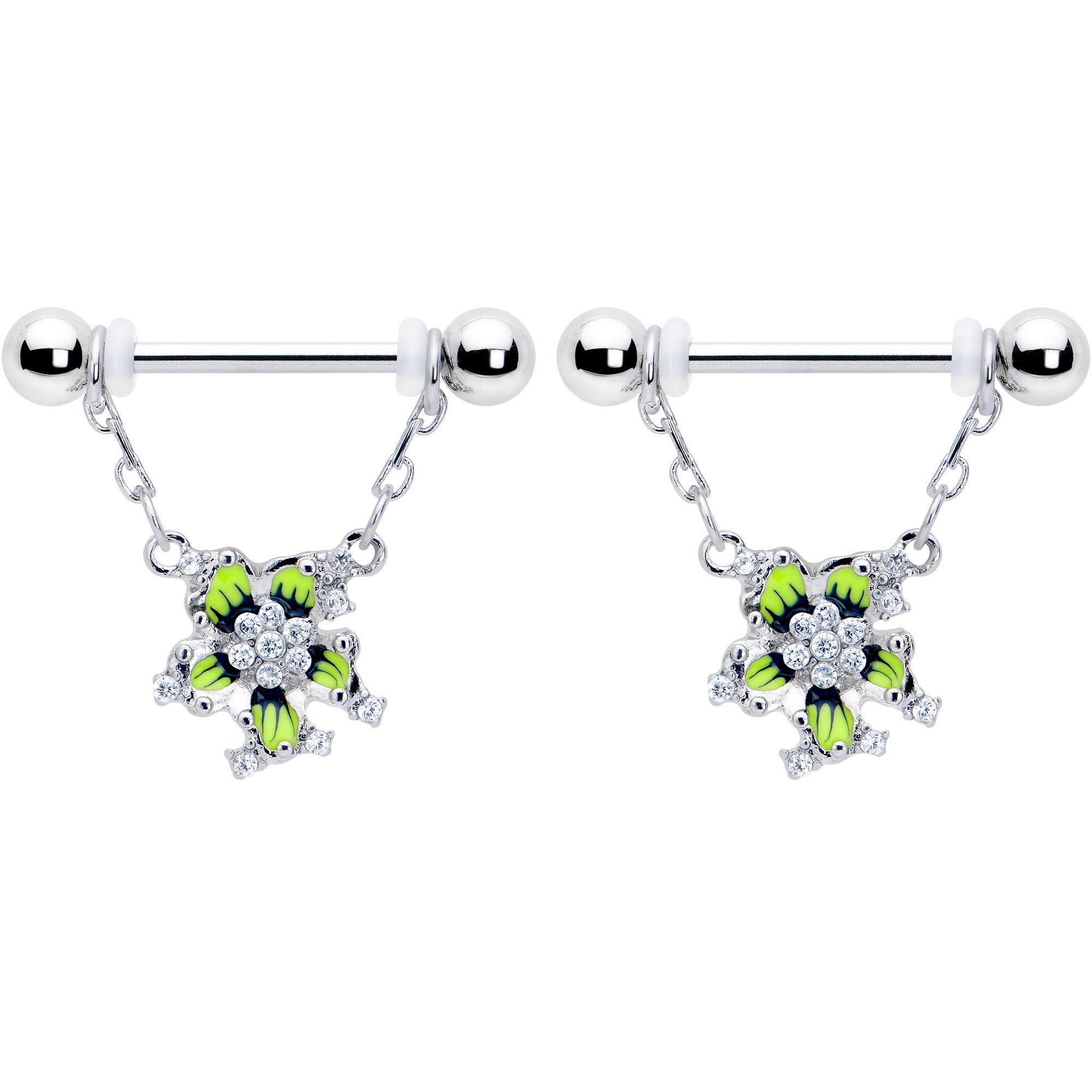 BodyCandy 14G 9/16 Clear CZ Gem Go Green Flower Chain Dangle Nipple Ring Set — detail close-up