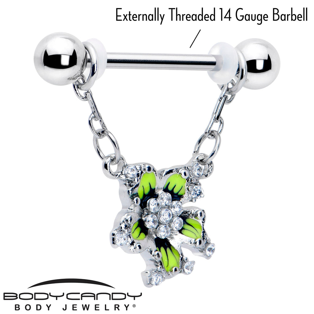 BodyCandy 14G 9/16 Clear CZ Gem Go Green Flower Chain Dangle Nipple Ring Set — lifestyle context