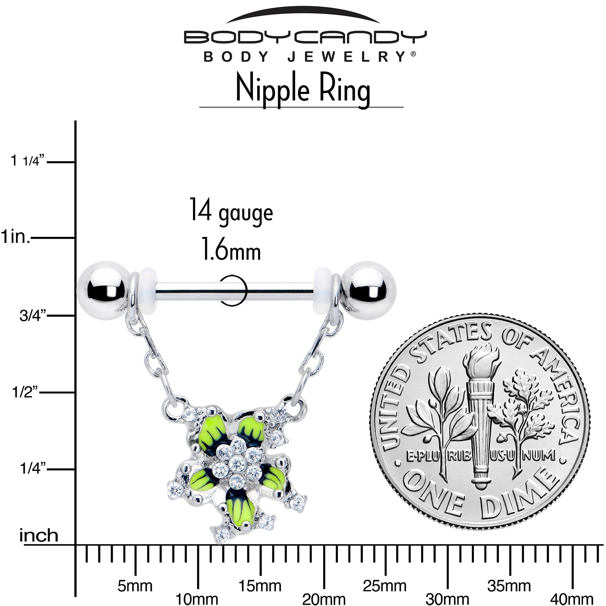 BodyCandy 14G 9/16 Clear CZ Gem Go Green Flower Chain Dangle Nipple Ring Set — side view