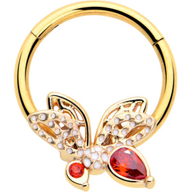 16G 3/8 Red CZ Gem Gold Tone Drama Butterfly Hinged Segment Ring