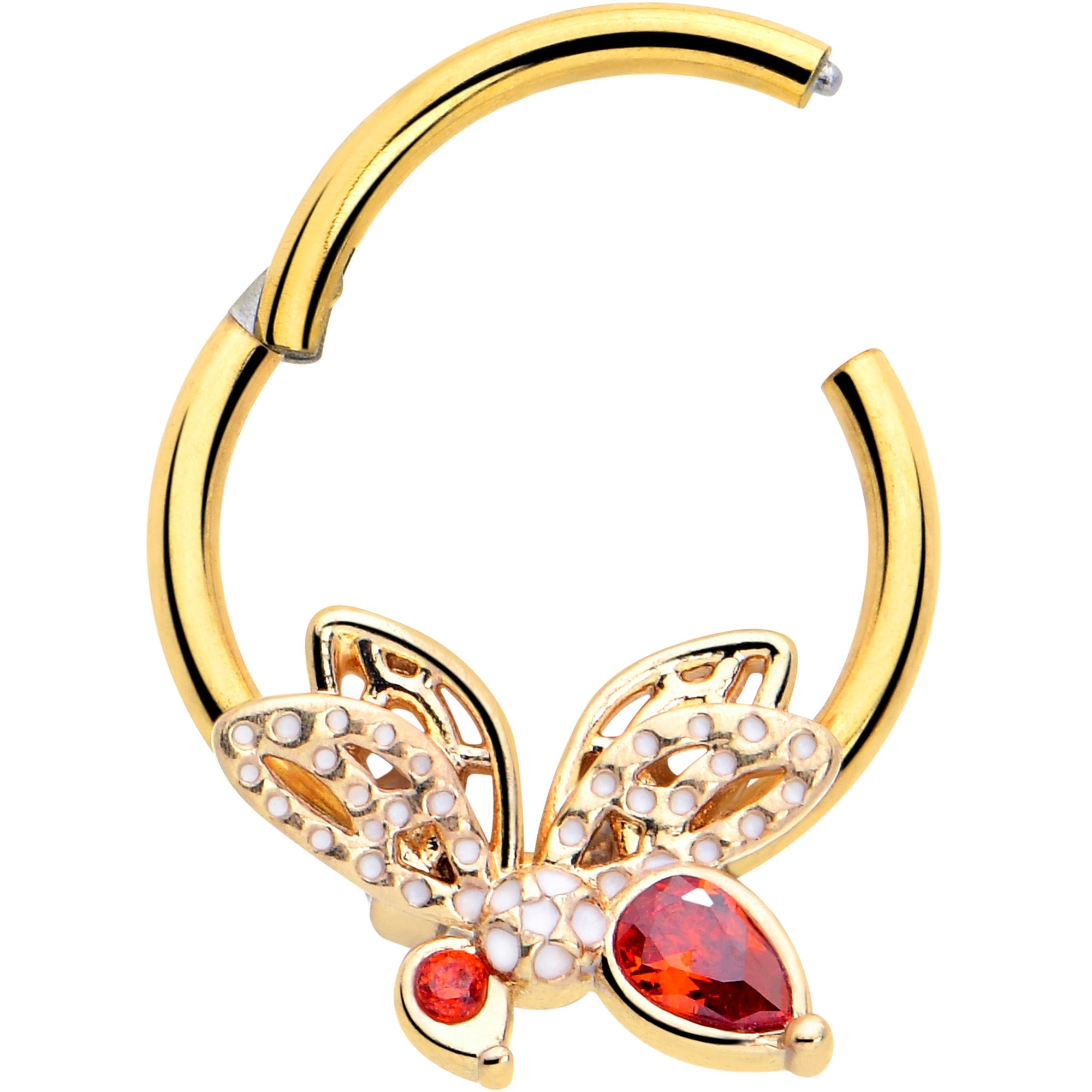 BodyCandy 16G 3/8 Red CZ Gem Gold Tone Drama Butterfly Hinged Segment Ring — detail close-up