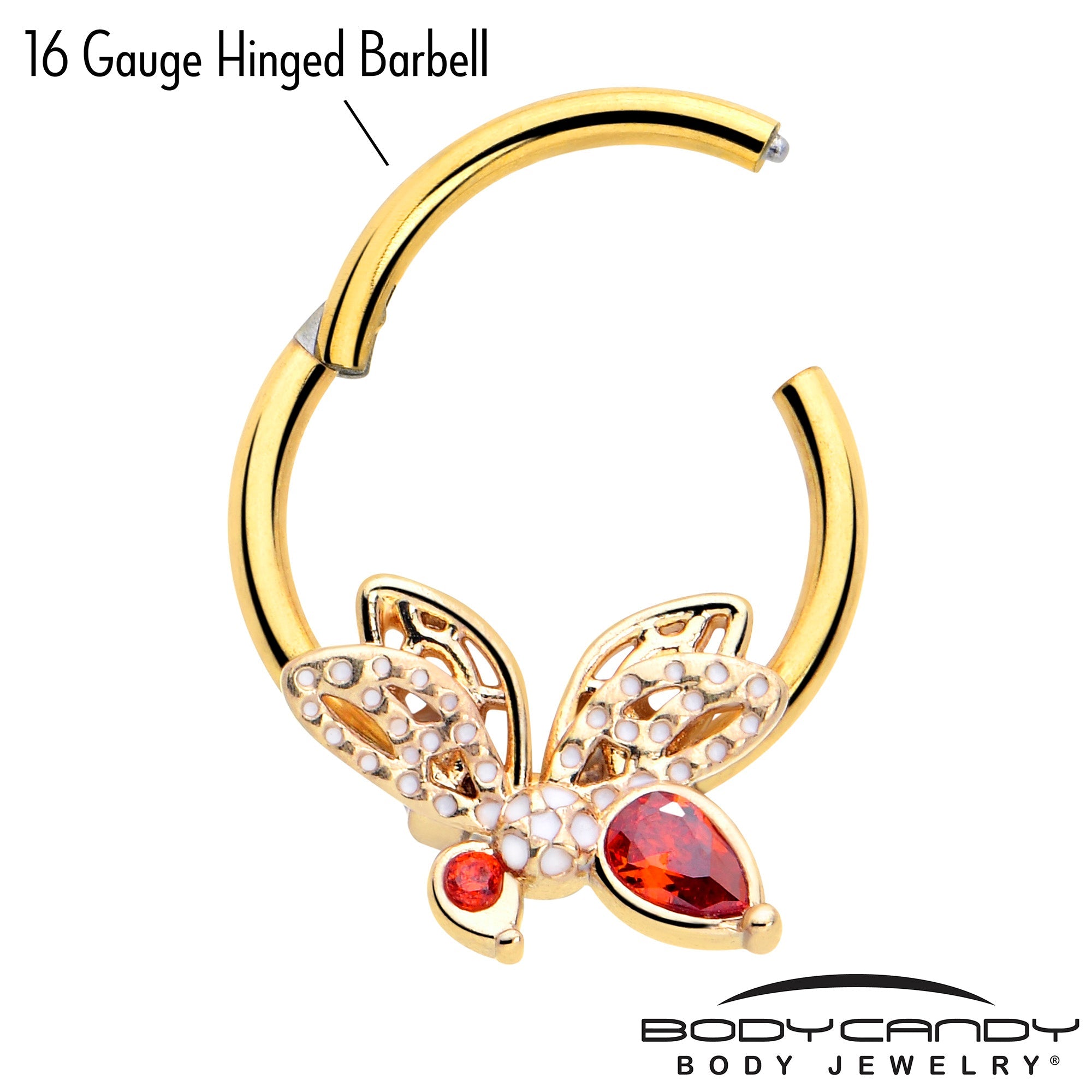 BodyCandy 16G 3/8 Red CZ Gem Gold Tone Drama Butterfly Hinged Segment Ring — lifestyle context