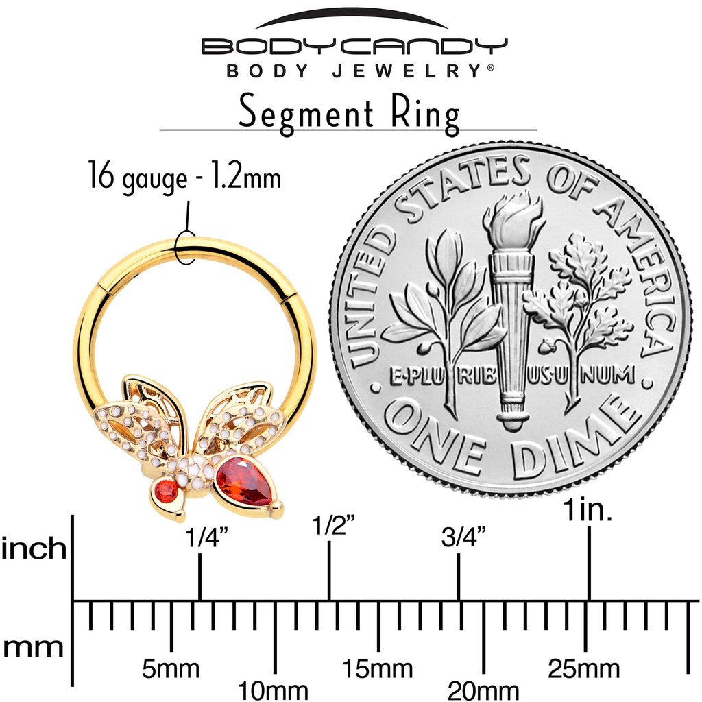 BodyCandy 16G 3/8 Red CZ Gem Gold Tone Drama Butterfly Hinged Segment Ring — side view