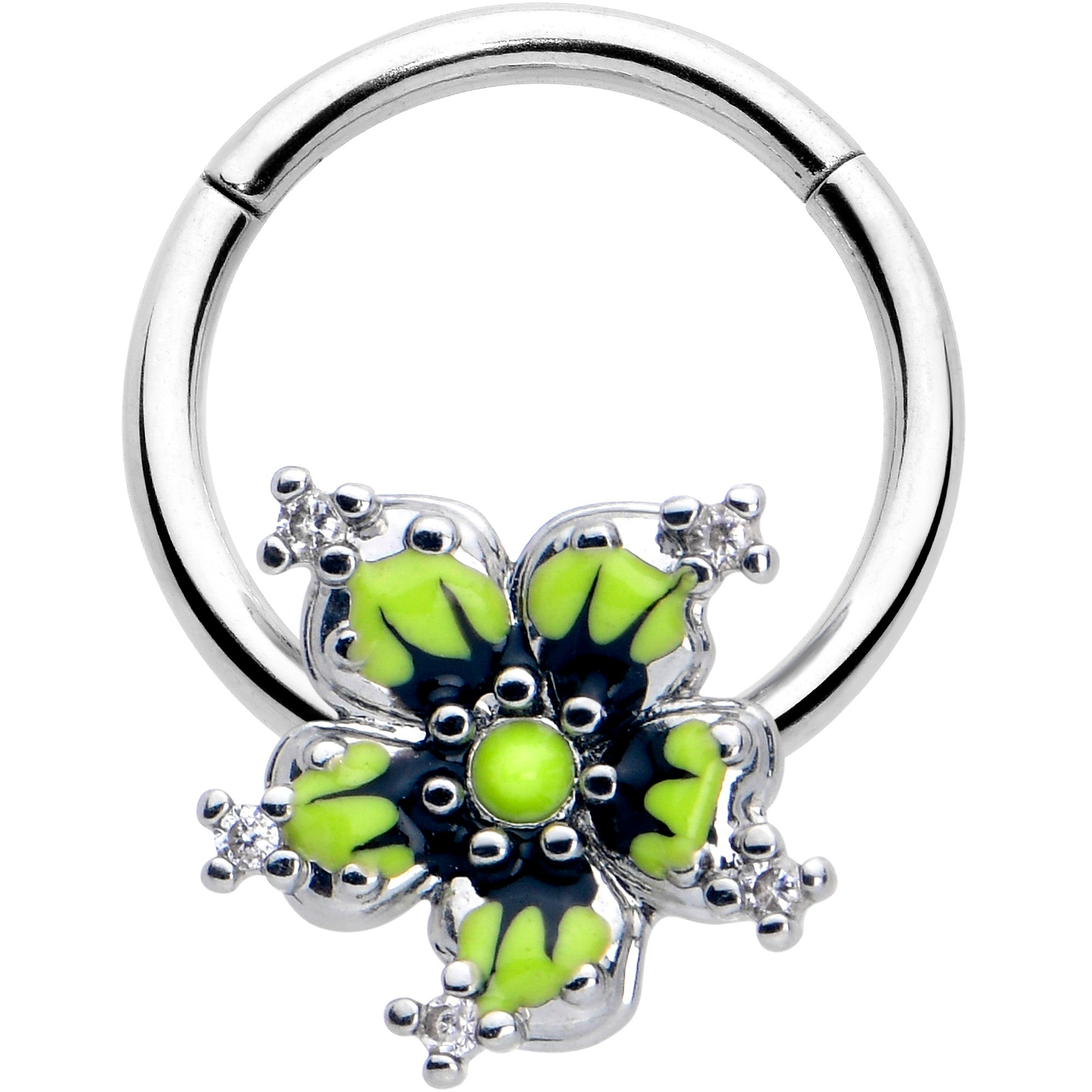 BodyCandy 16G 3/8 Clear CZ Gem Go Green Flower Hinged Segment Ring — main product shot