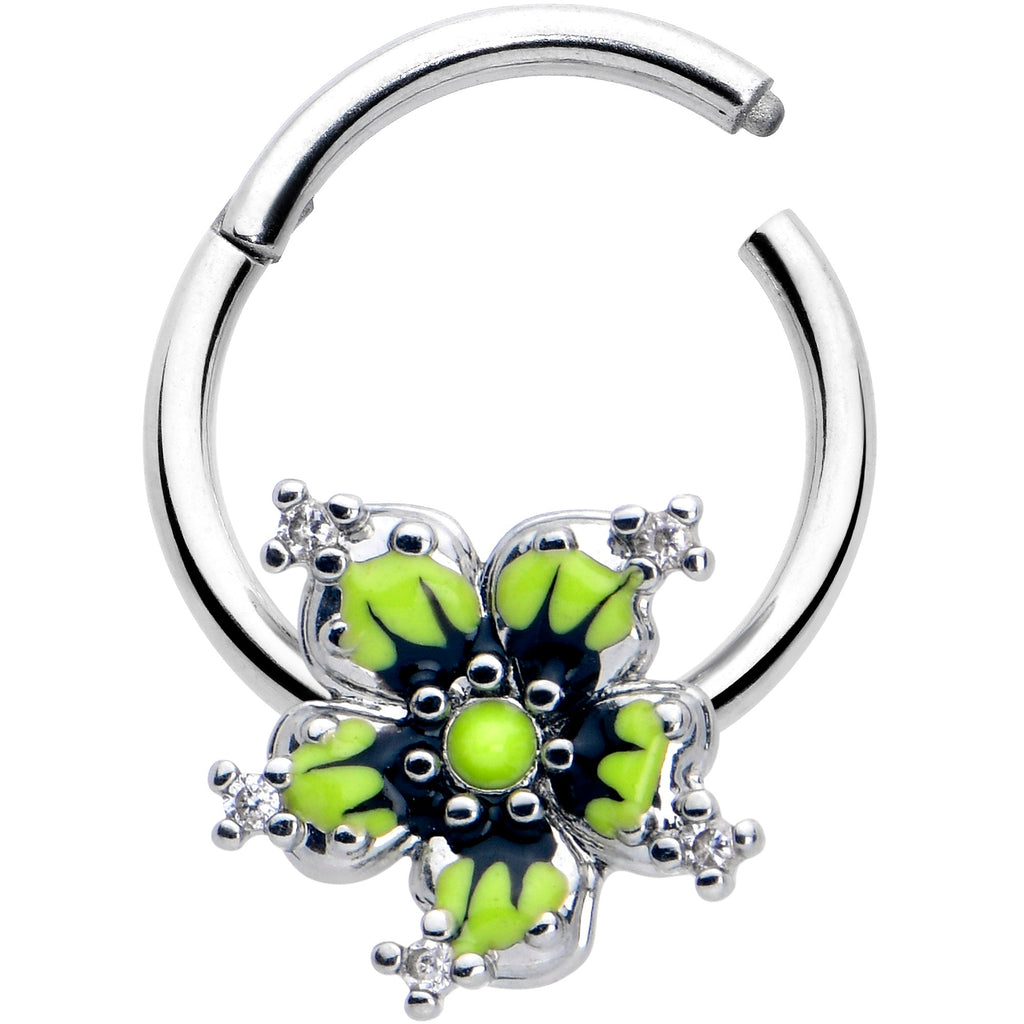BodyCandy 16G 3/8 Clear CZ Gem Go Green Flower Hinged Segment Ring — detail close-up