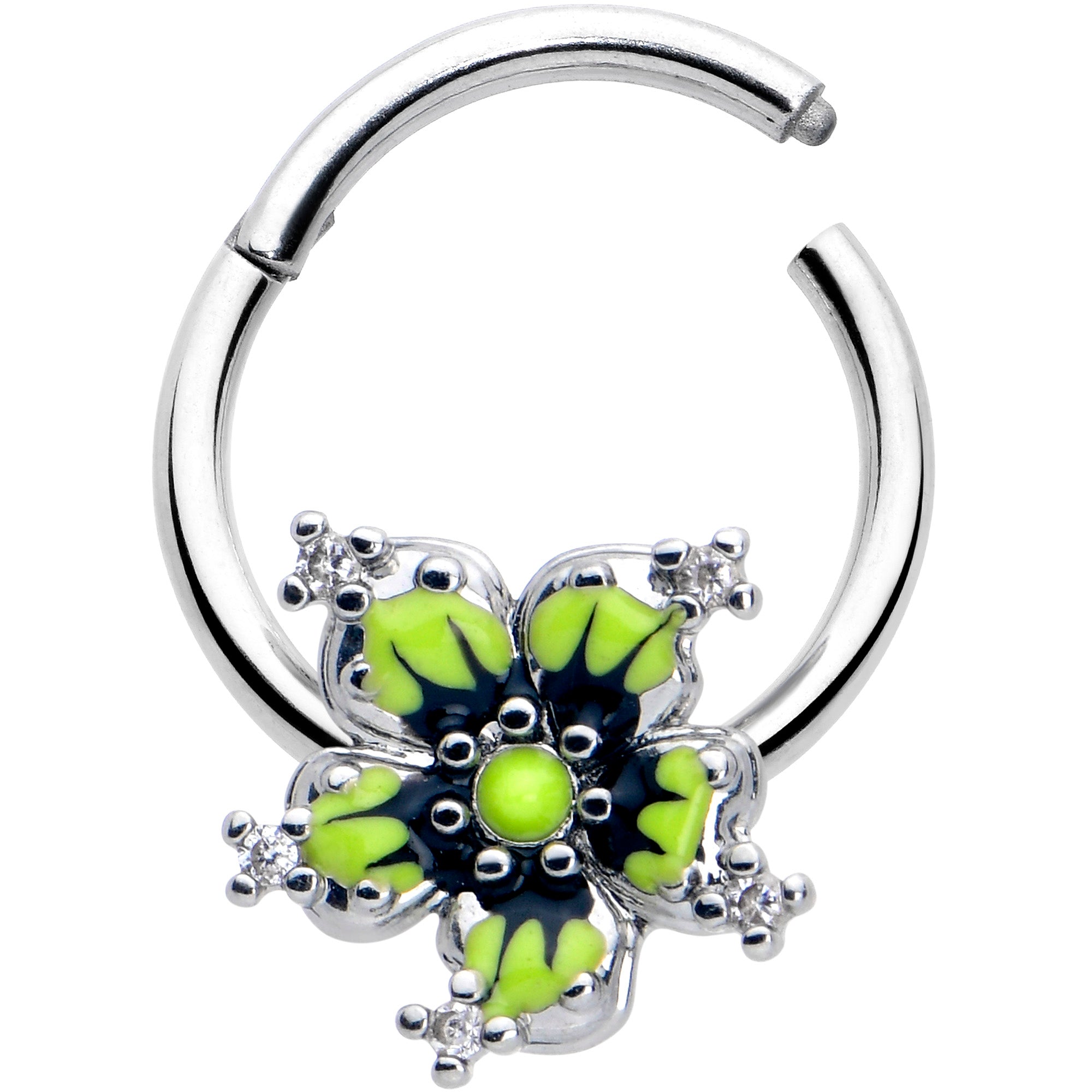 BodyCandy 16G 3/8 Clear CZ Gem Go Green Flower Hinged Segment Ring — detail close-up
