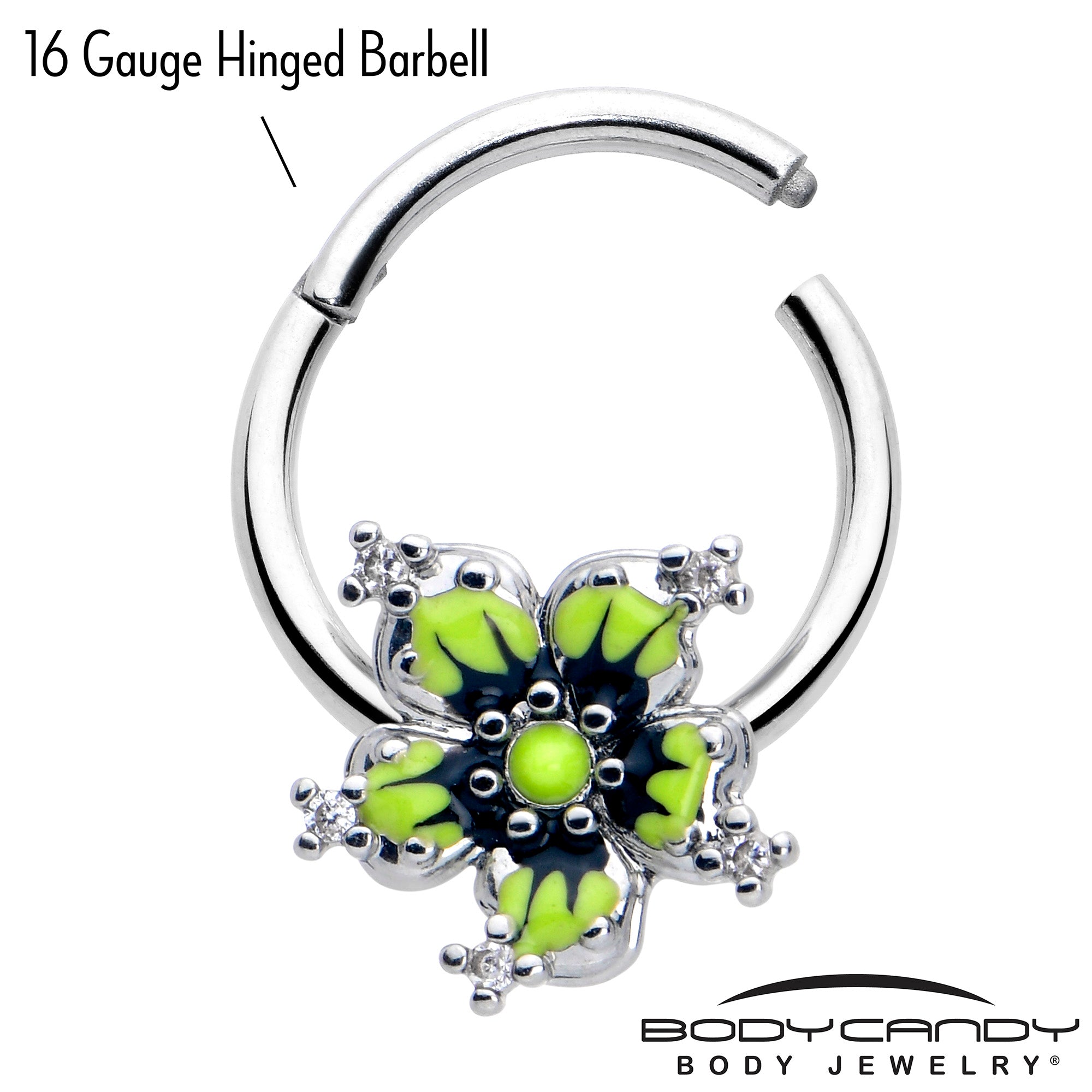 BodyCandy 16G 3/8 Clear CZ Gem Go Green Flower Hinged Segment Ring — lifestyle context