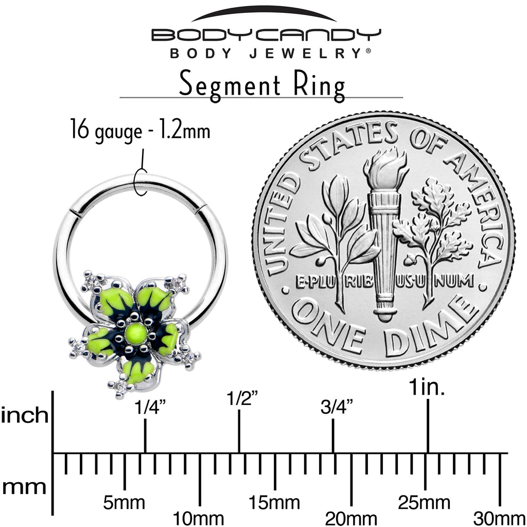 BodyCandy 16G 3/8 Clear CZ Gem Go Green Flower Hinged Segment Ring — side view