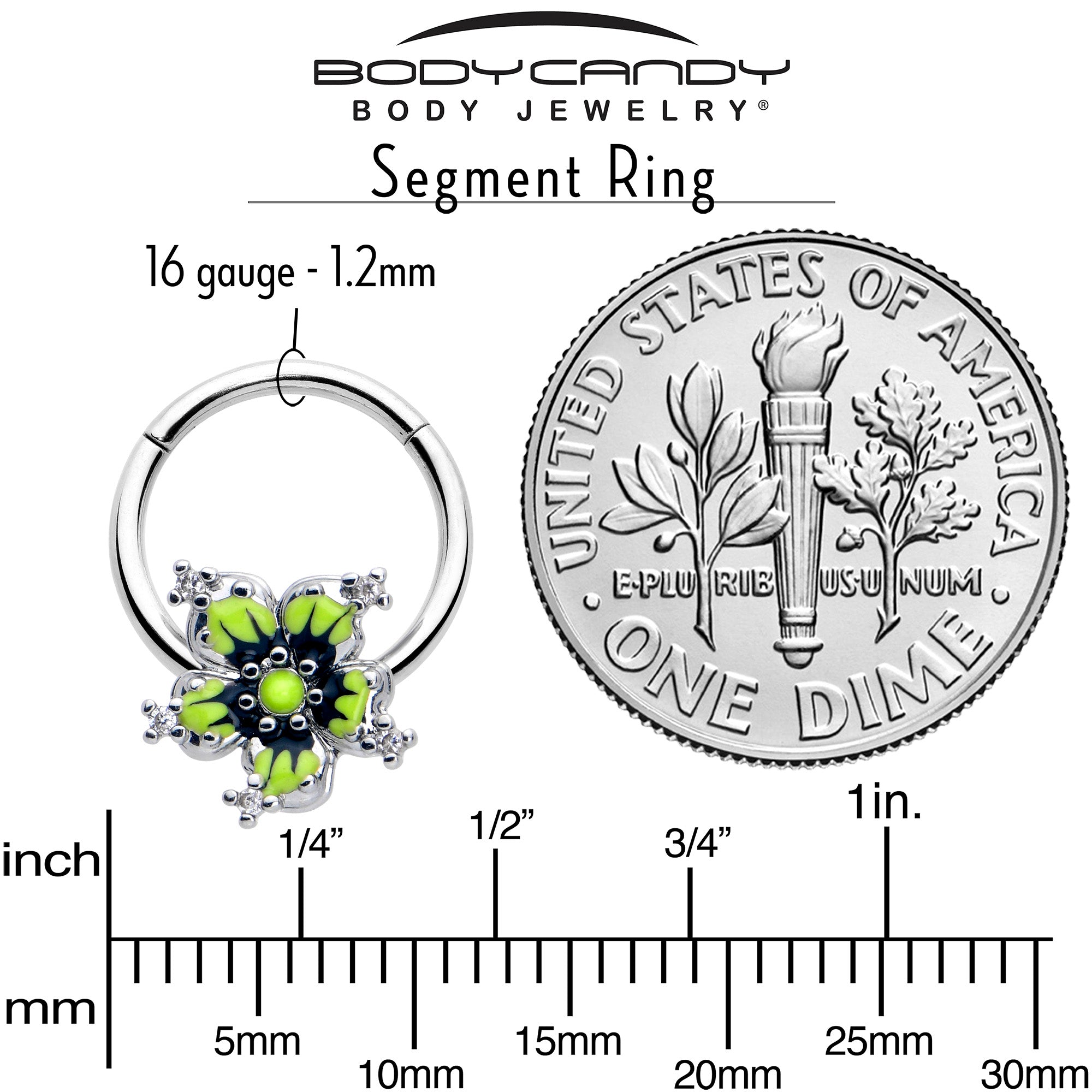 BodyCandy 16G 3/8 Clear CZ Gem Go Green Flower Hinged Segment Ring — side view