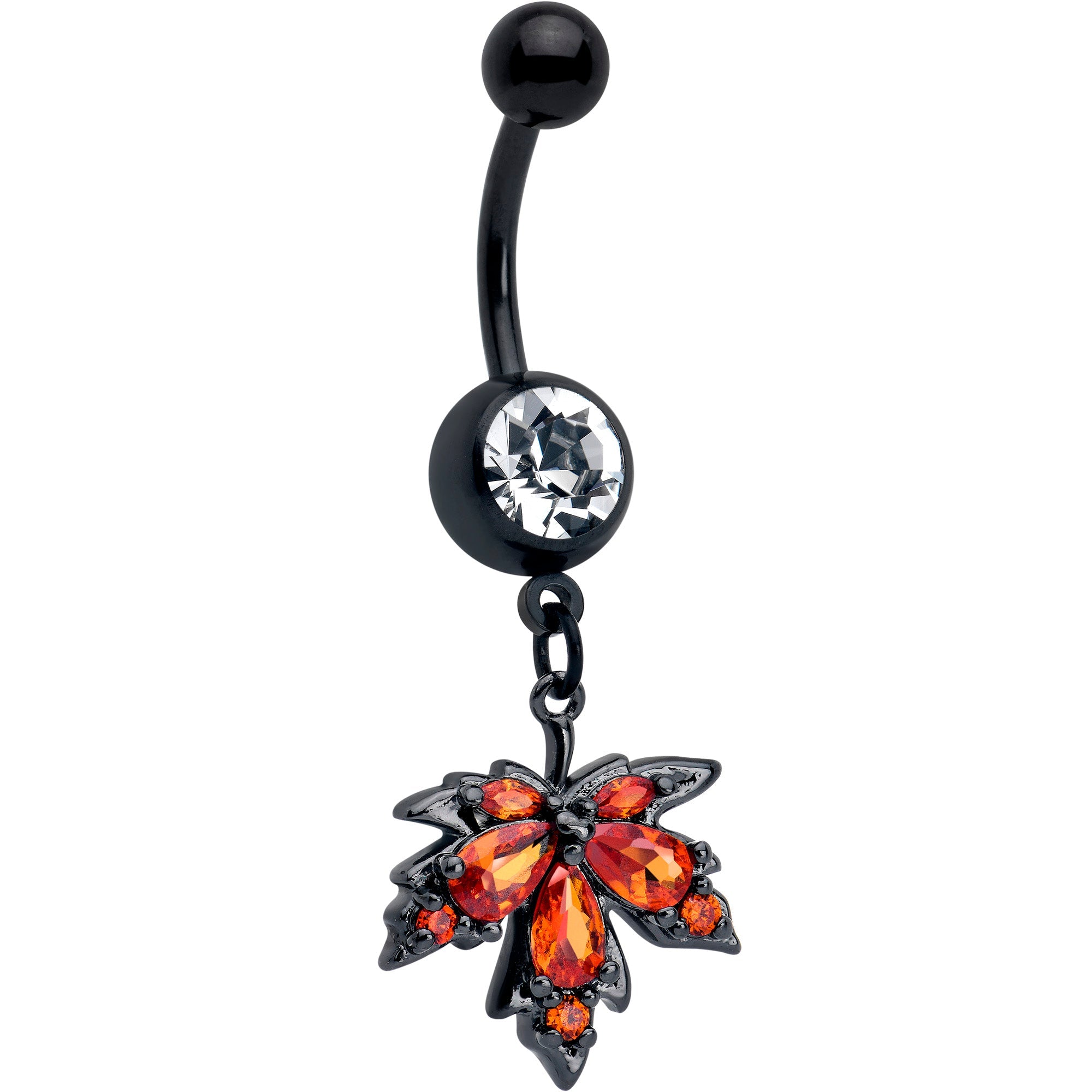 BodyCandy Orange CZ Gem Black Autumn Leaf Dangle Belly Ring — main product shot