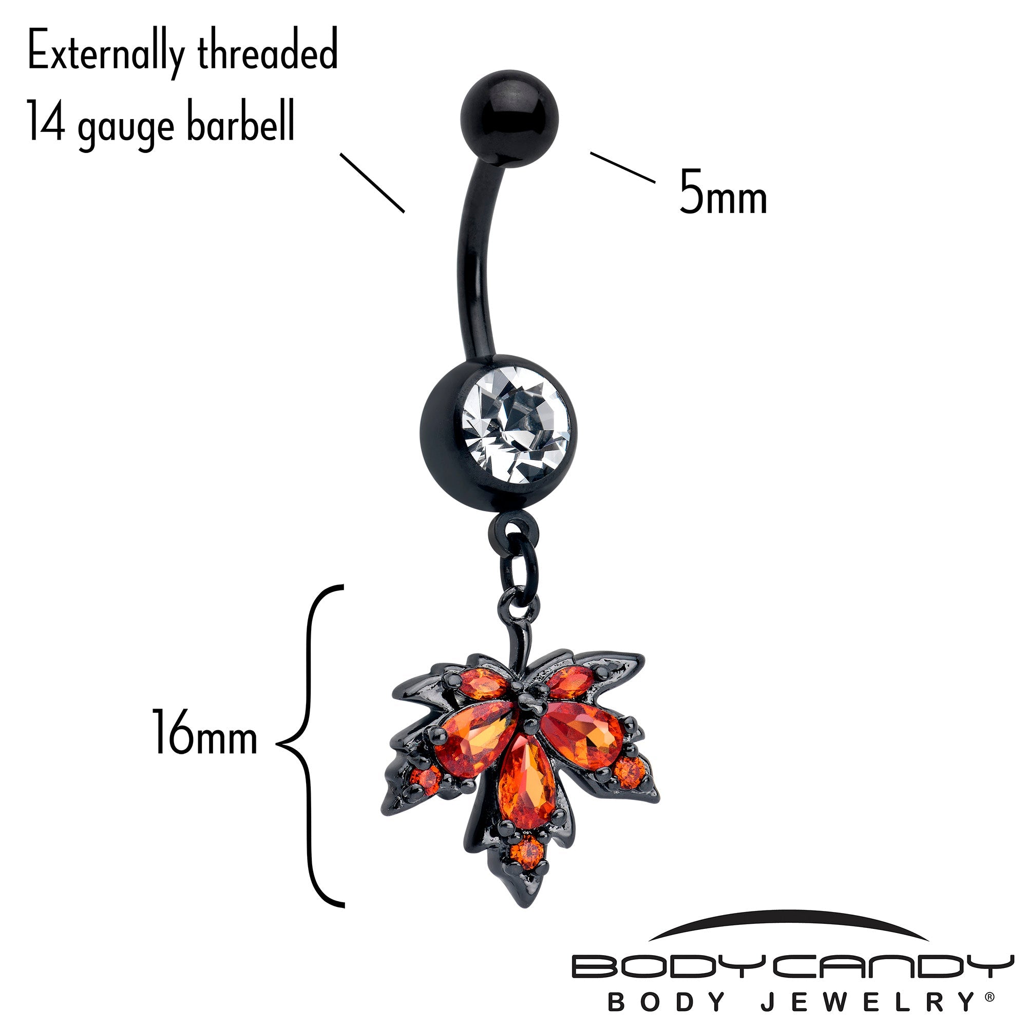BodyCandy Orange CZ Gem Black Autumn Leaf Dangle Belly Ring — lifestyle context