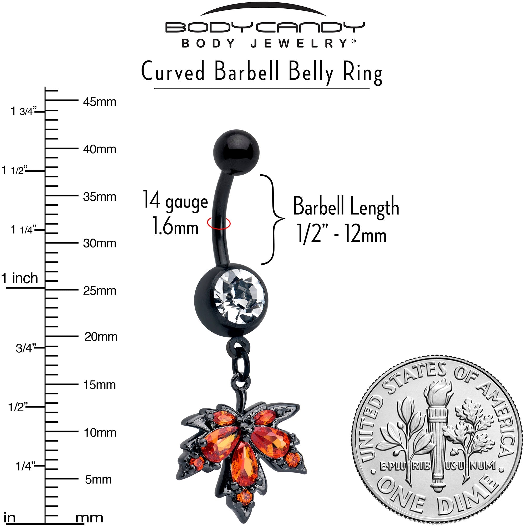 BodyCandy Orange CZ Gem Black Autumn Leaf Dangle Belly Ring — side view