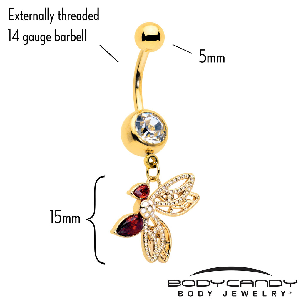 BodyCandy Red CZ Gem Gold Tone Drama Butterfly Dangle Belly Ring — detail close-up