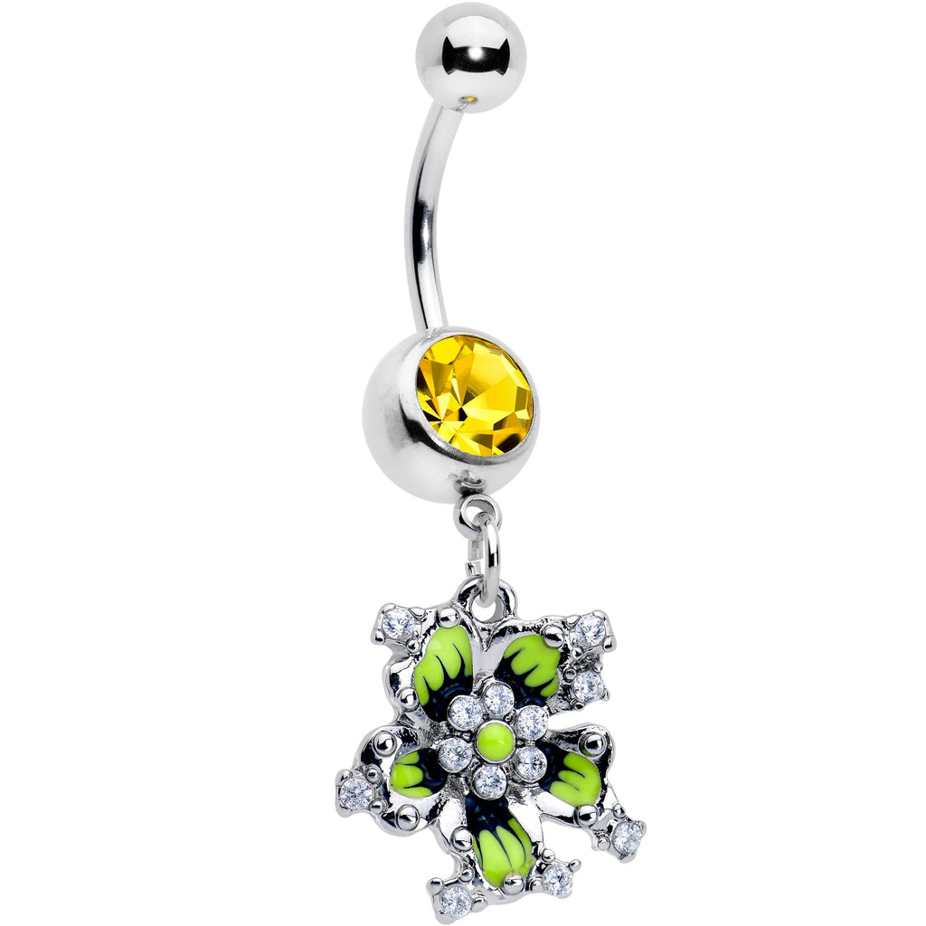 BodyCandy Clear Yellow CZ Gem Go Green Flower Dangle Belly Ring — main product shot