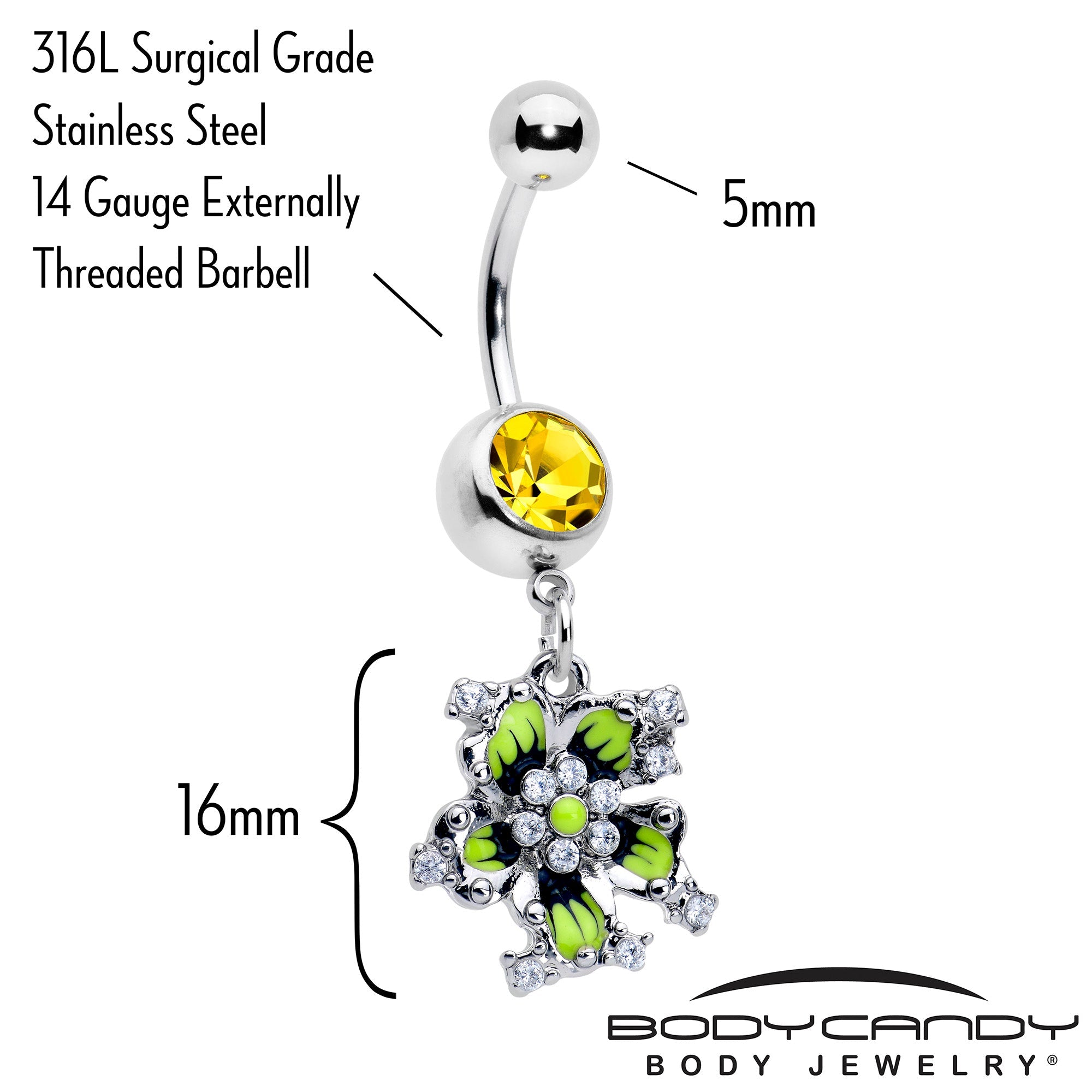 BodyCandy Clear Yellow CZ Gem Go Green Flower Dangle Belly Ring — detail close-up